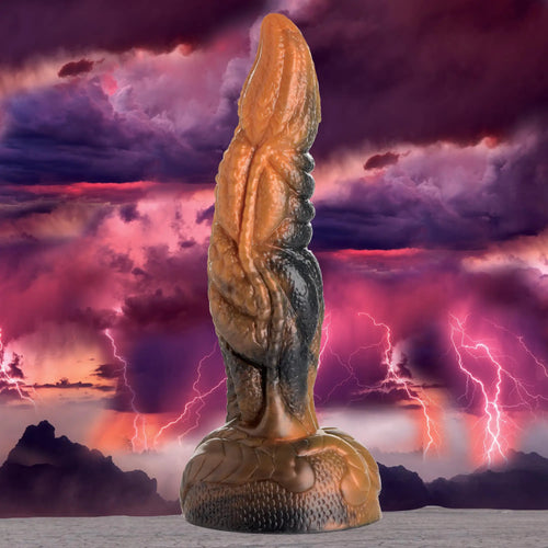 Creature Cocks Ravager rippled tentacle dildo in amber and black silicone, shown against a stormy lightning background.