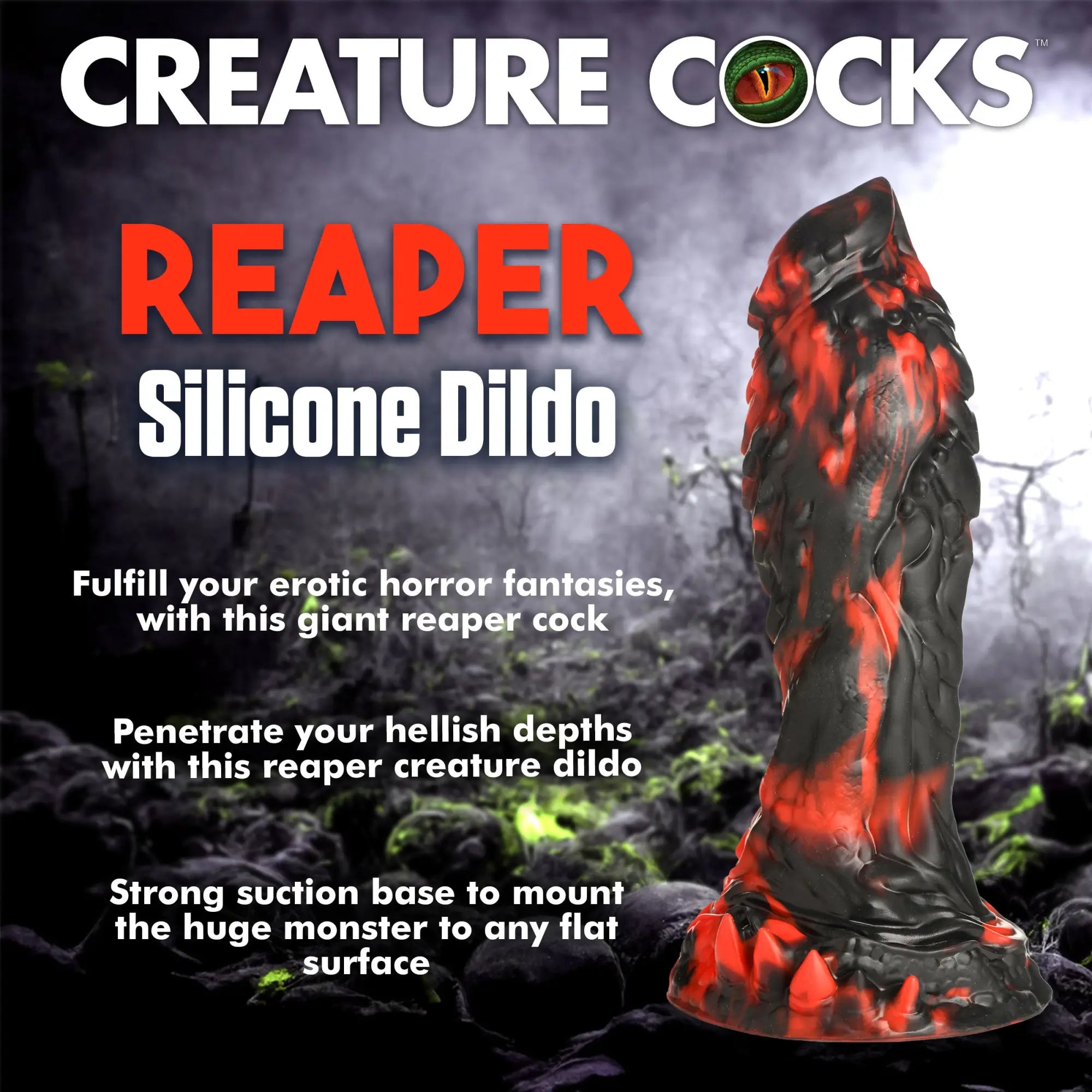 Creature Cocks Reaper silicone dildo in a black and red marbled monster style with a suction cup base.