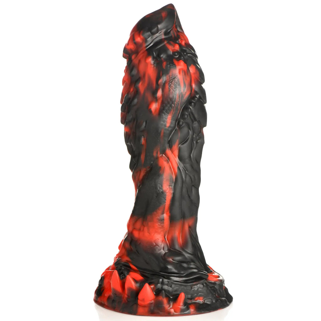 Creature Cocks Reaper silicone dildo in a black and red marbled finish with a textured, fantasy-inspired shape.