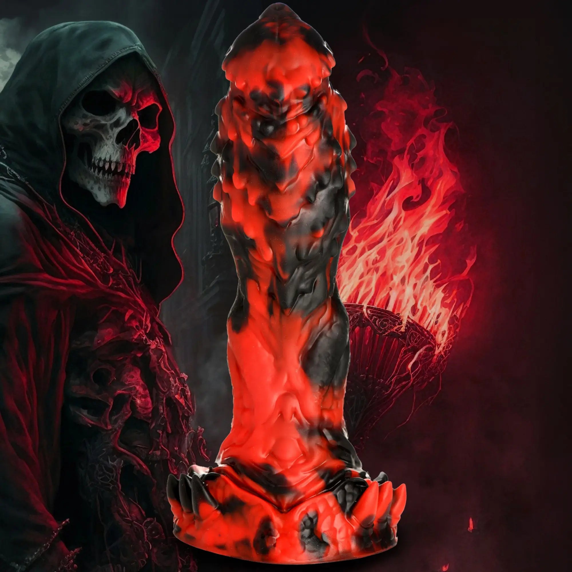 Creature Cocks Reaper silicone dildo in a black and red marbled, textured design, displayed with a grim reaper backdrop.
