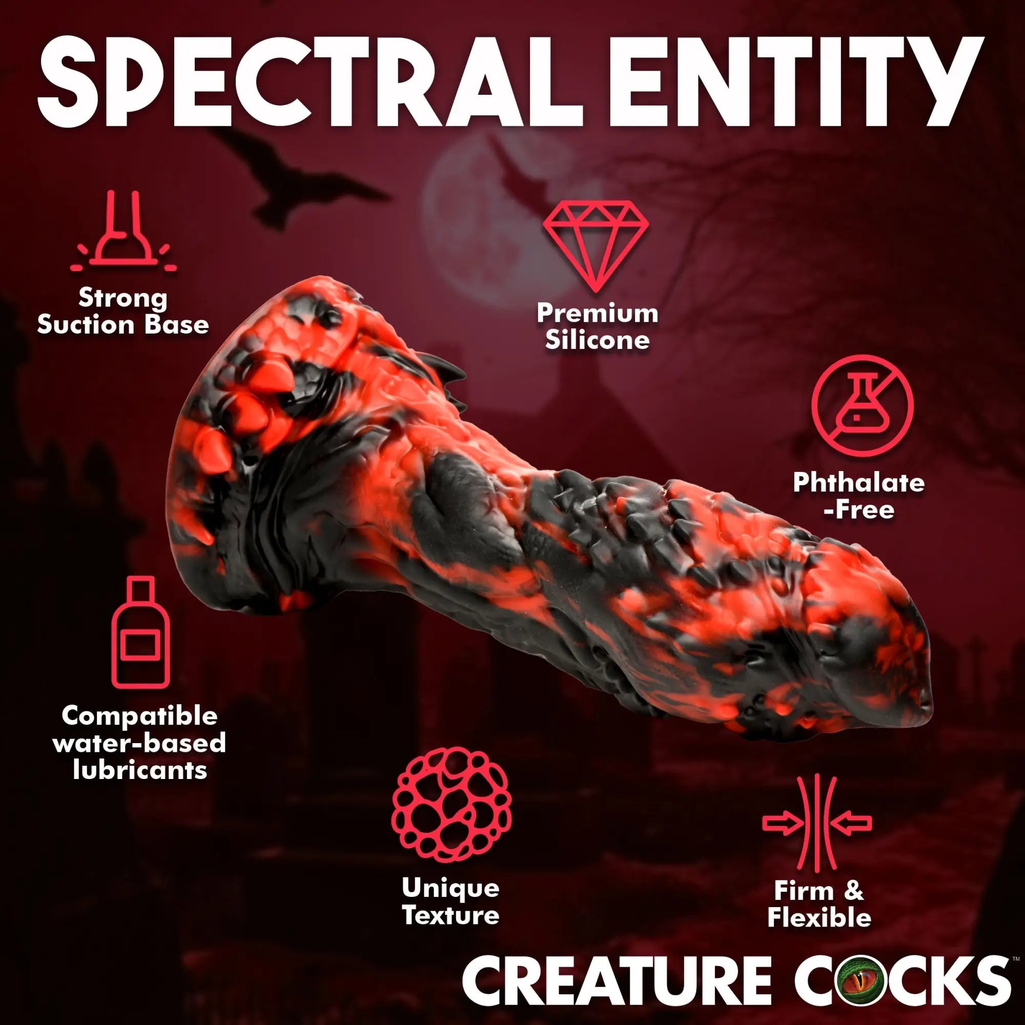 Creature Cocks Reaper silicone dildo in marbled red and black with a textured, fantasy-inspired design.