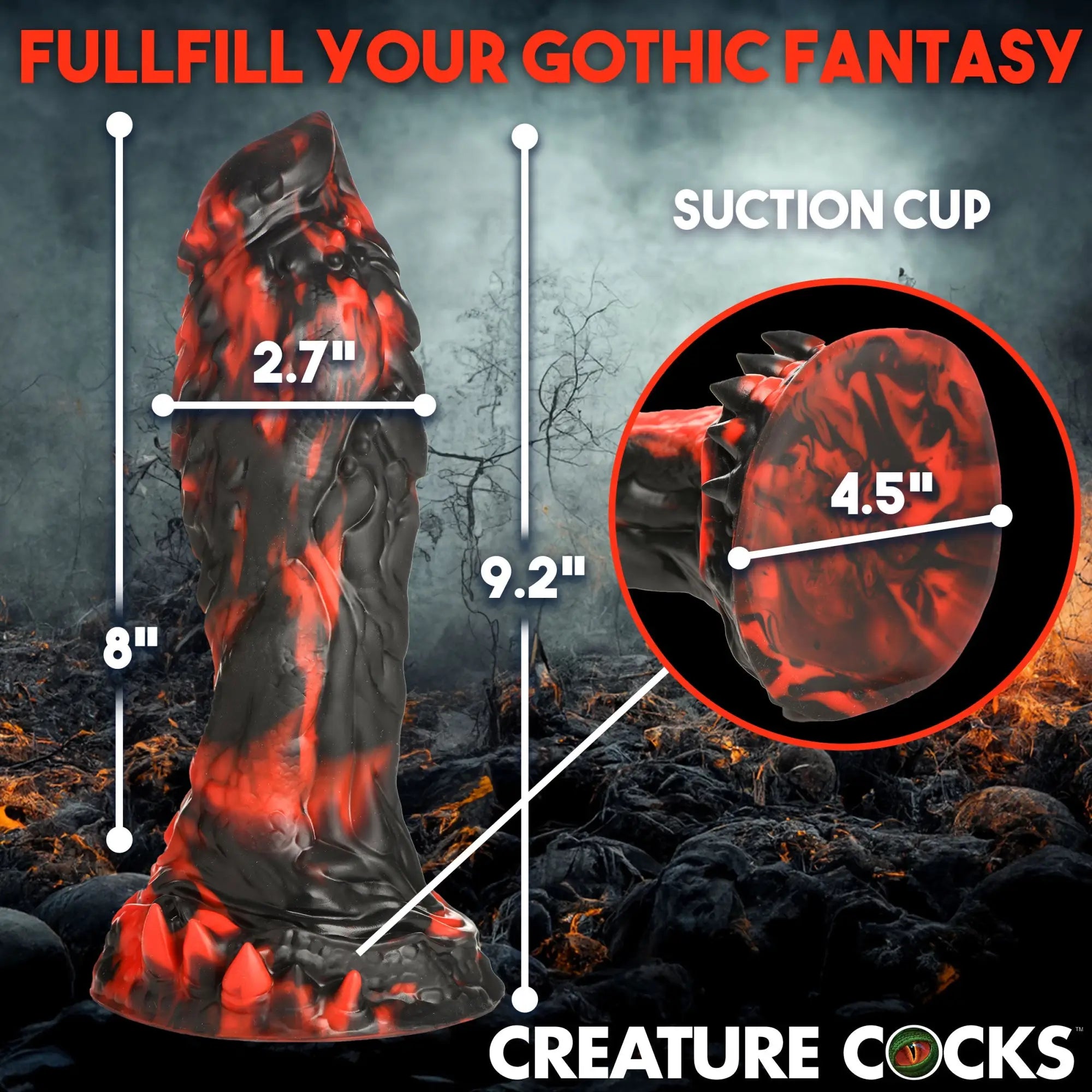 Creature Cocks Reaper silicone dildo in black and red marble, featuring a textured design and suction cup base.