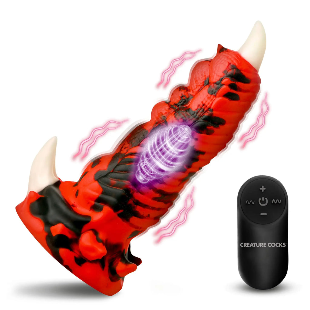 Creature Cocks Red Talon vibrating silicone dildo with a textured red and black dragon design and remote control.