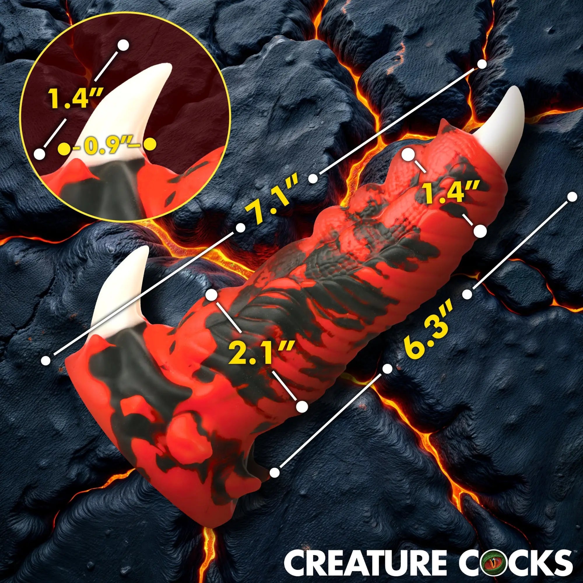 Creature Cocks Red Talon silicone dildo with black and red textured pattern and white claw-like tip on a lava background.