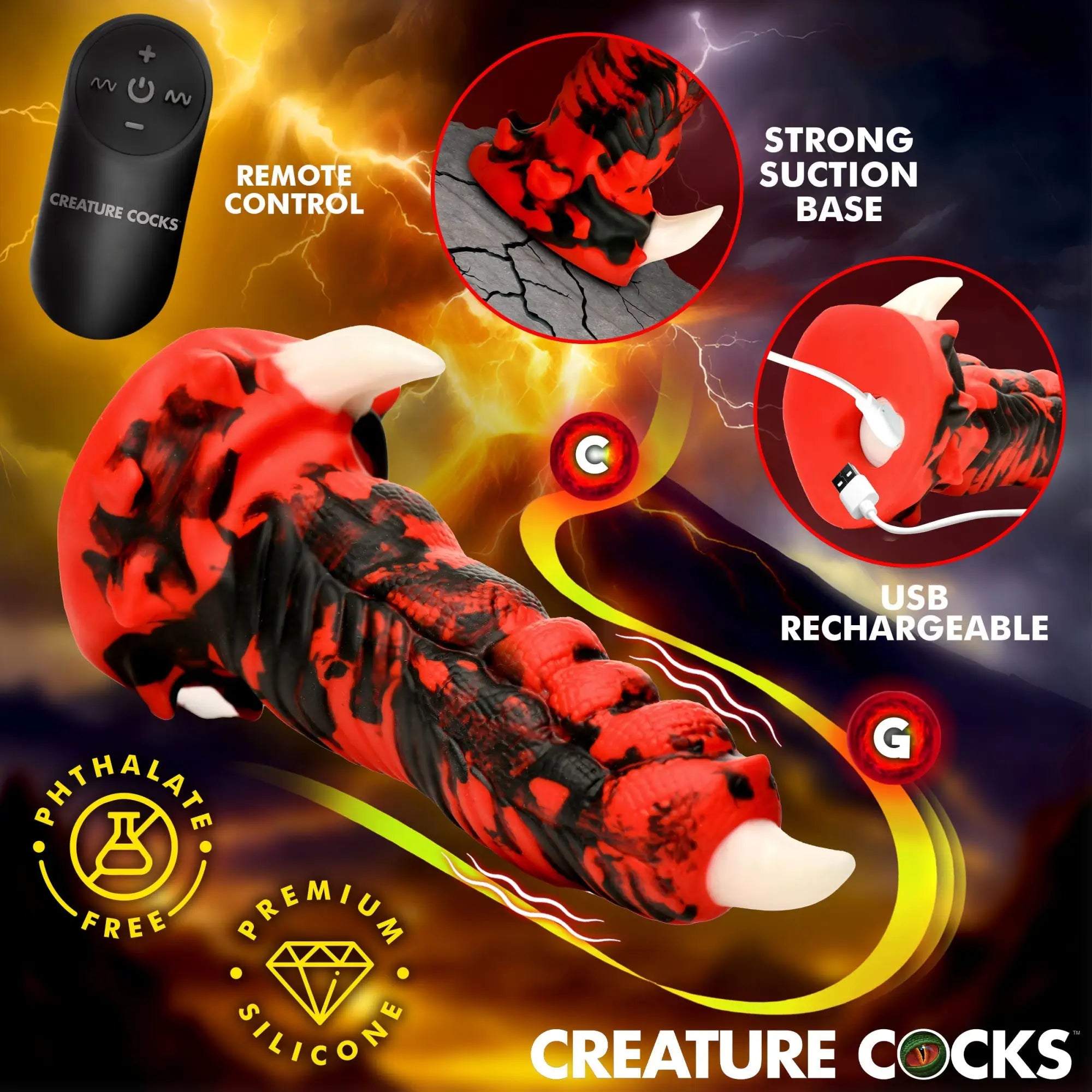Creature Cocks Red Talon vibrating dildo in red and black marbled silicone with white claws, remote, and suction base.