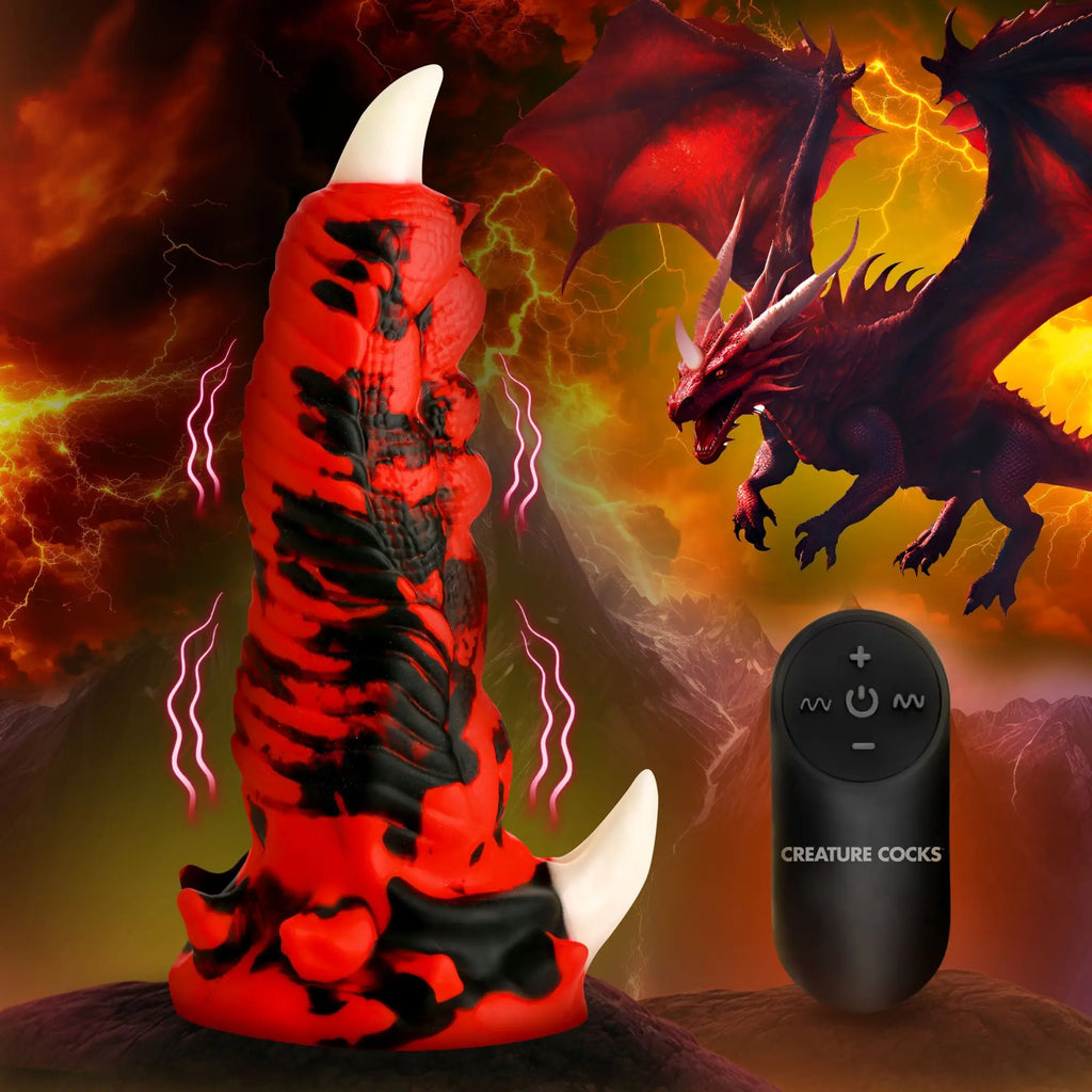 Creature Cocks Red Talon vibrating silicone dildo features a red and black dragon-style design with white accents.