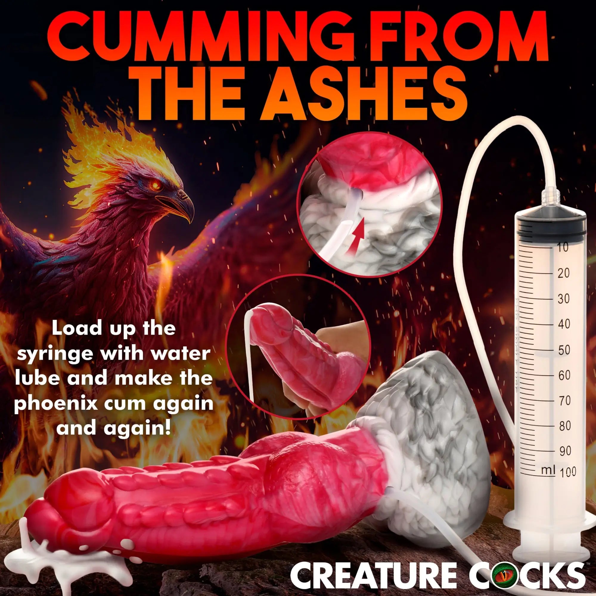Creature Cocks Resurrector Phoenix silicone dildo is pink, textured, and connects to a 100ml fluid-squirting syringe.