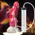 Creature Cocks Resurrector Phoenix red silicone squirting dildo with a 100ml syringe and tube, set against a fire theme.