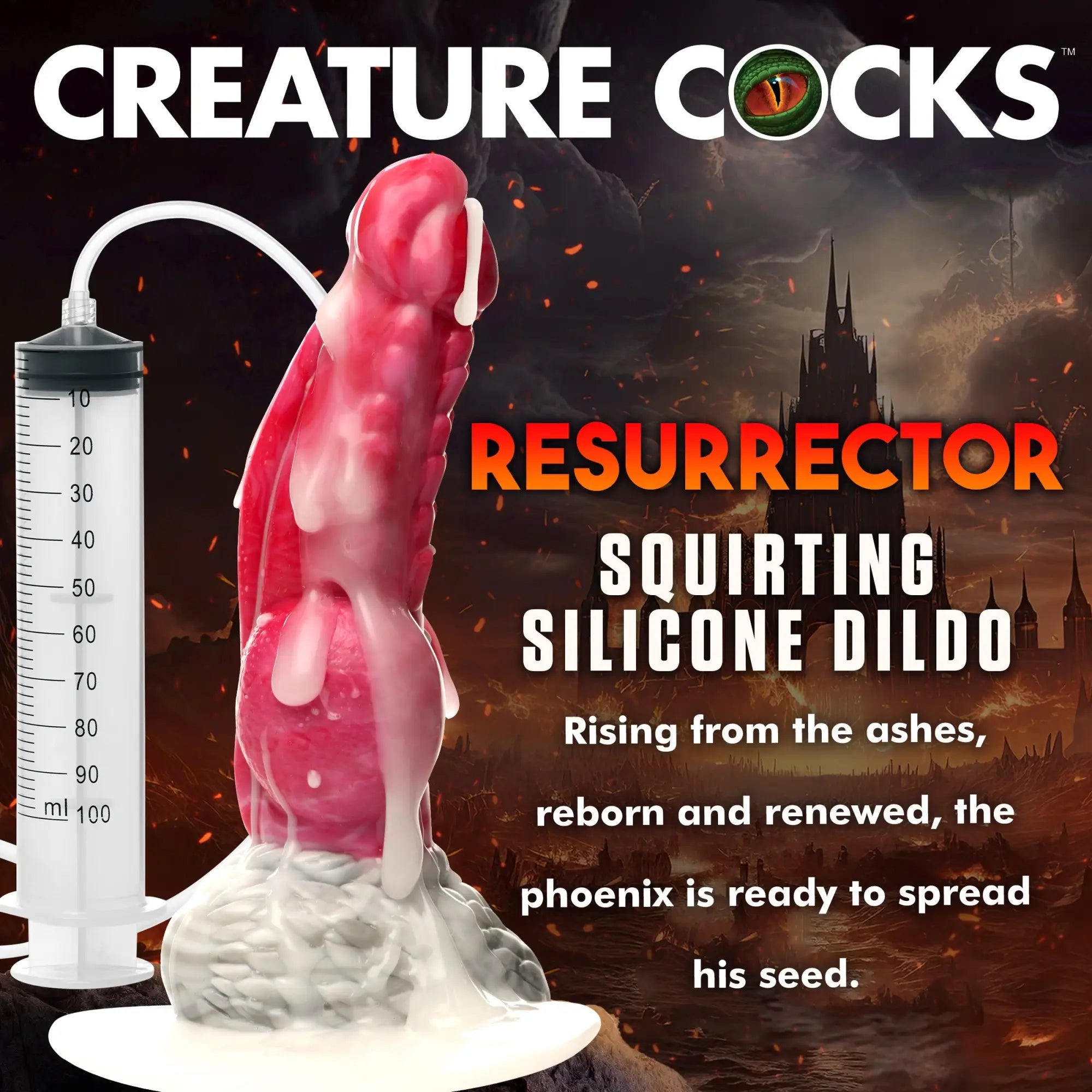 Creature Cocks Resurrector Phoenix dildo: red textured silicone fantasy toy with an attached fluid-squirting syringe.