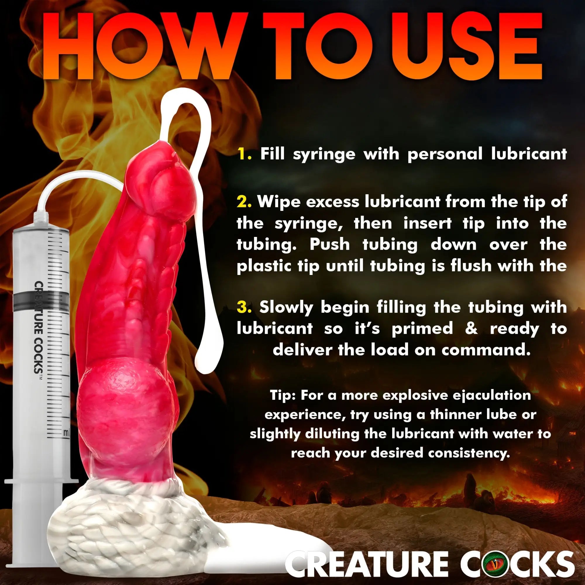 Creature Cocks Resurrector Phoenix red silicone squirting dildo with instructional syringe and lubricant tubing diagram.