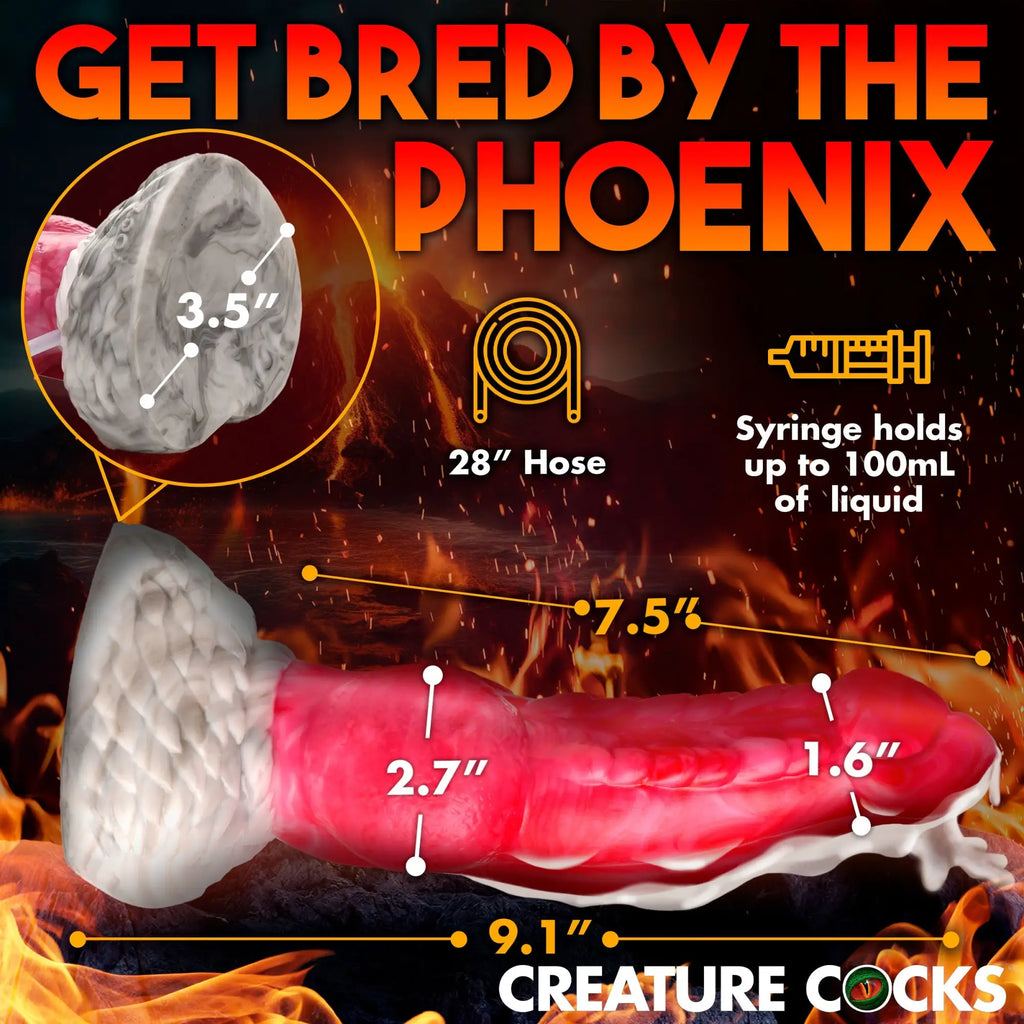 Creature Cocks Resurrector Phoenix red-and-white marbled silicone dildo with dimensions, hose, and syringe detail.