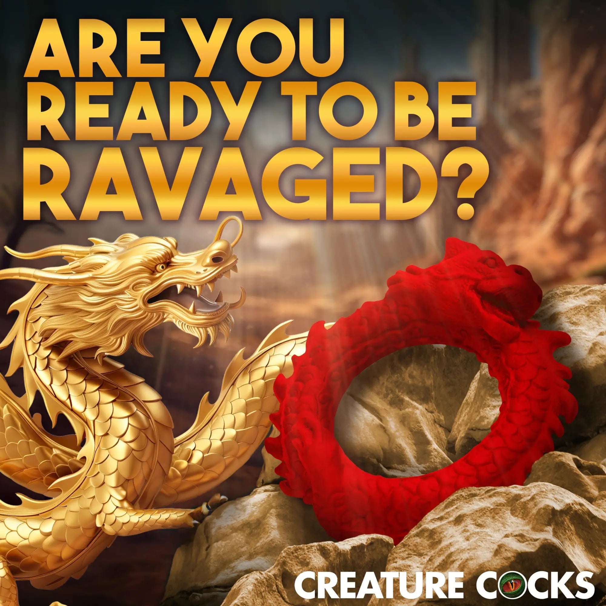 Creature Cocks Rise of the Dragon red silicone cock ring shaped like a coiled dragon, next to a gold dragon statue.