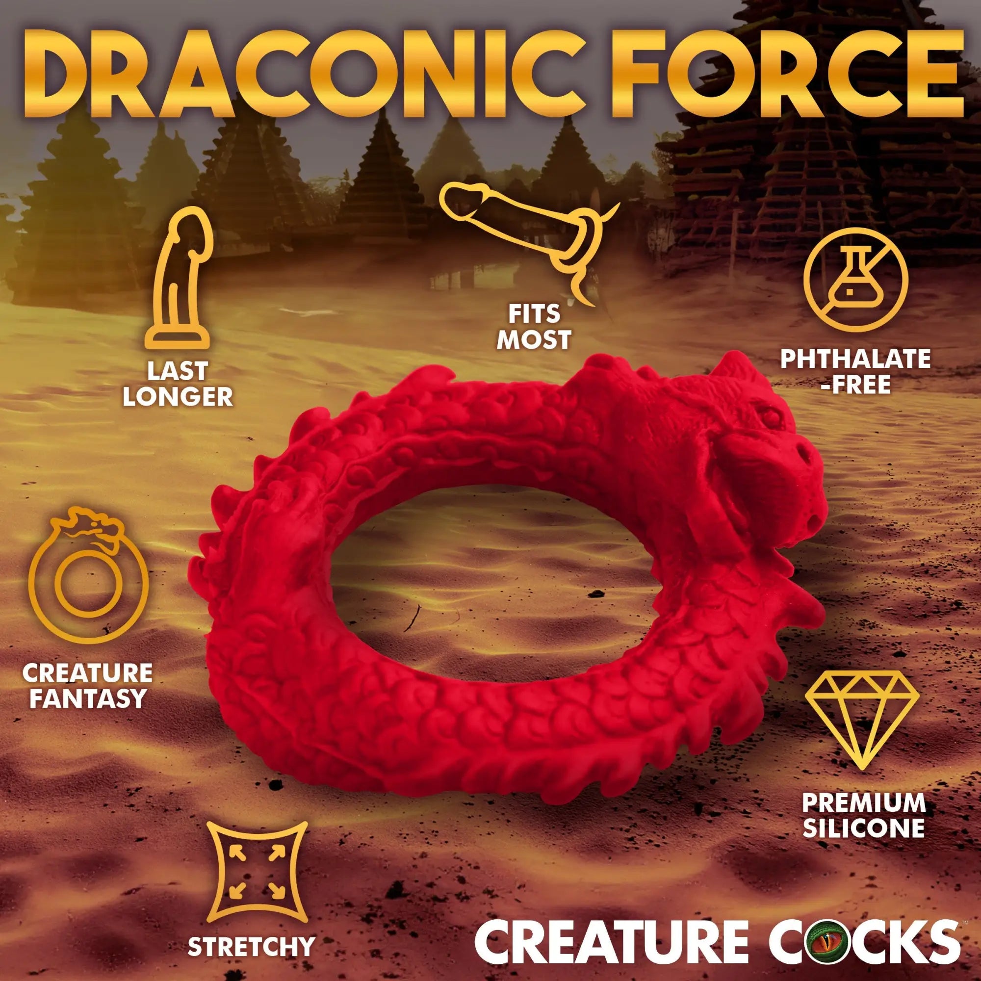 Bright red, dragon-shaped Creature Cocks Rise of the Dragon silicone cock ring with feature icons on a desert backdrop.