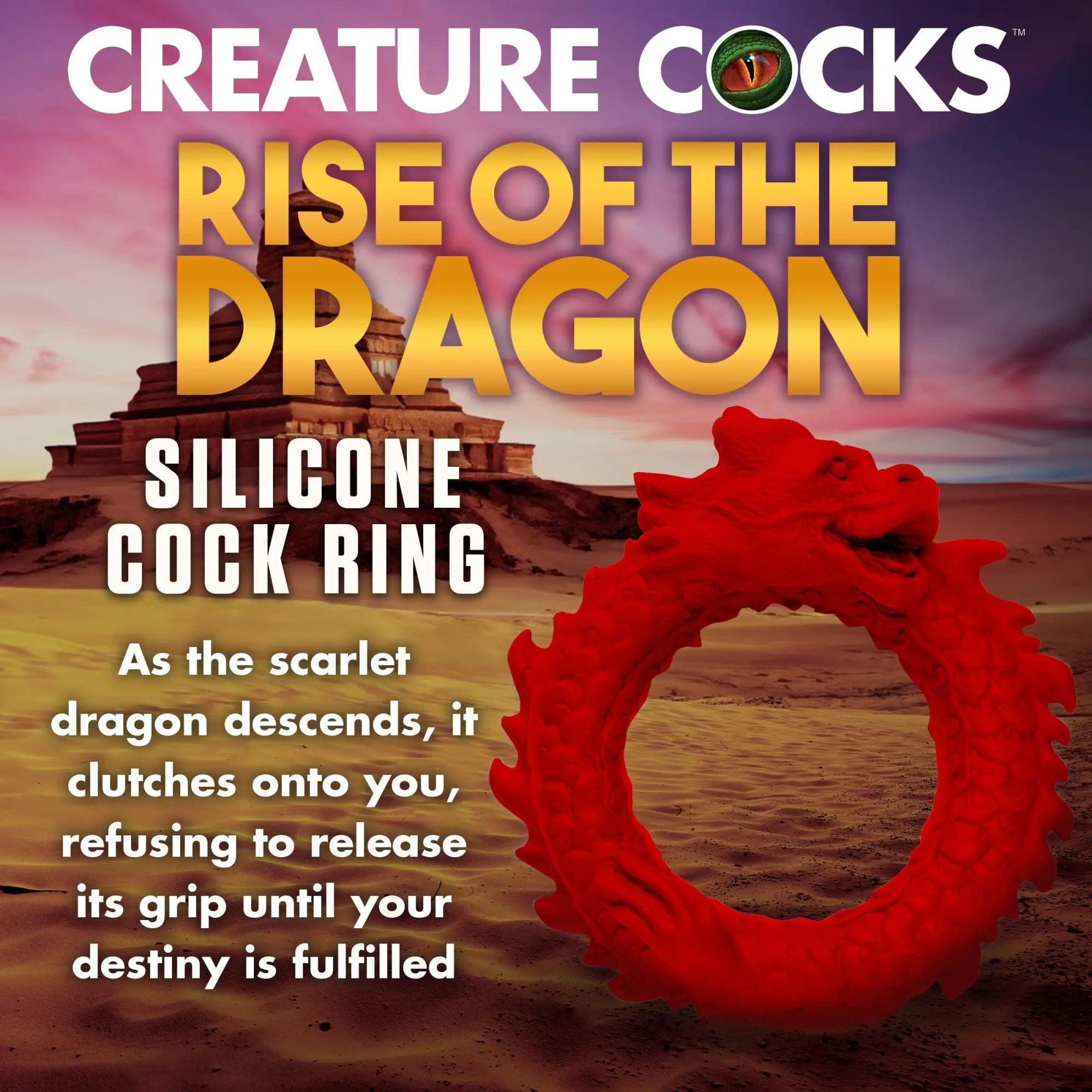 Creature Cocks Rise of the Dragon silicone cock ring in bright red, featuring a detailed, sculpted dragon motif.