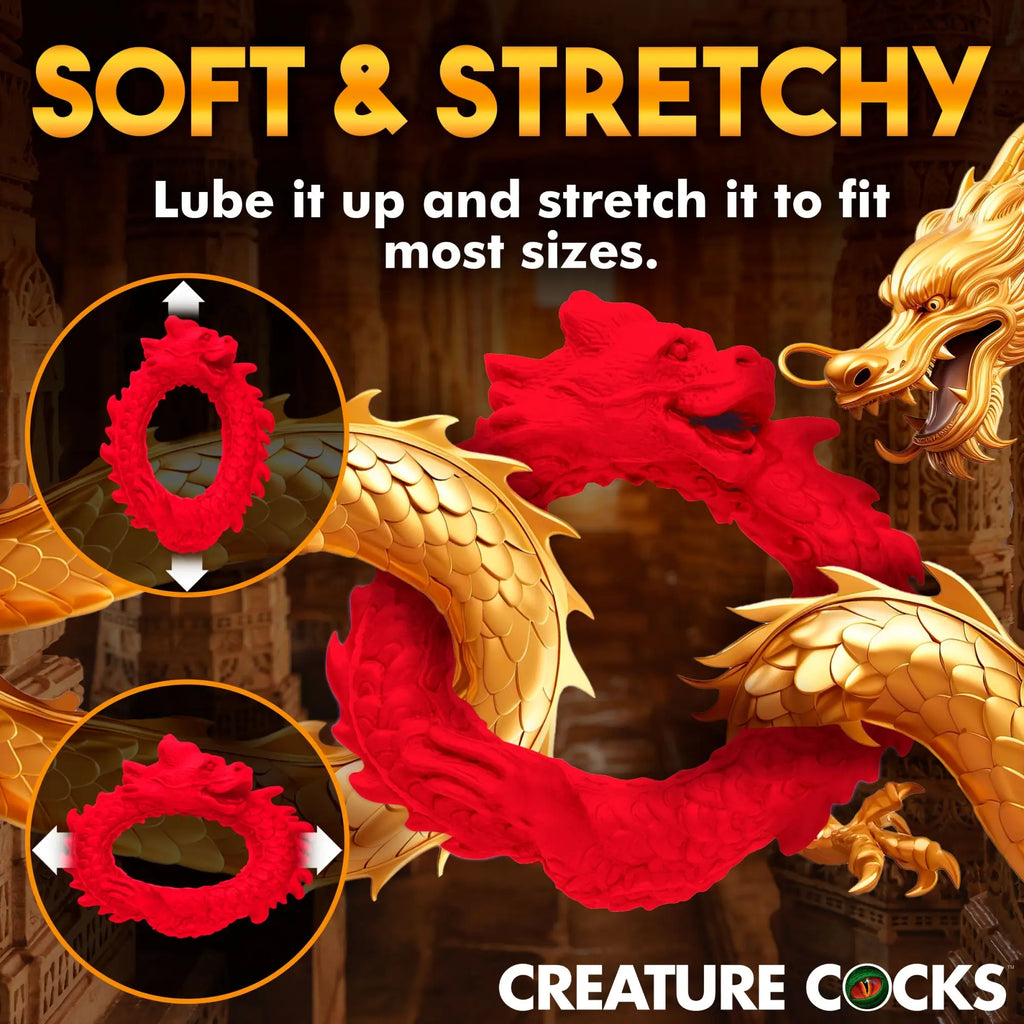 Creature Cocks Rise of the Dragon red silicone cock ring in circular dragon-sculpted design with stretch illustrations.