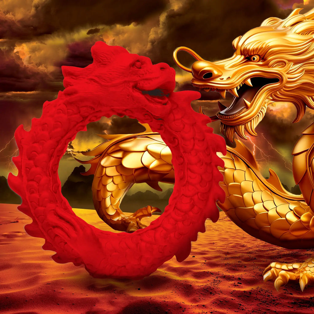 Creature Cocks Rise of the Dragon red silicone cock ring shaped like a coiled dragon, against a golden dragon background.
