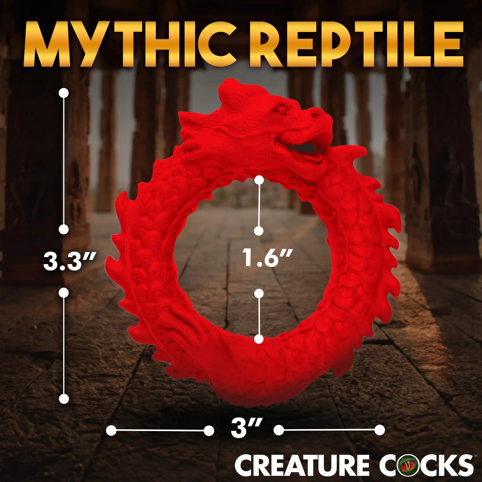 Bright red Creature Cocks Rise of the Dragon silicone cock ring with textured dragon scale design and dimension labels.