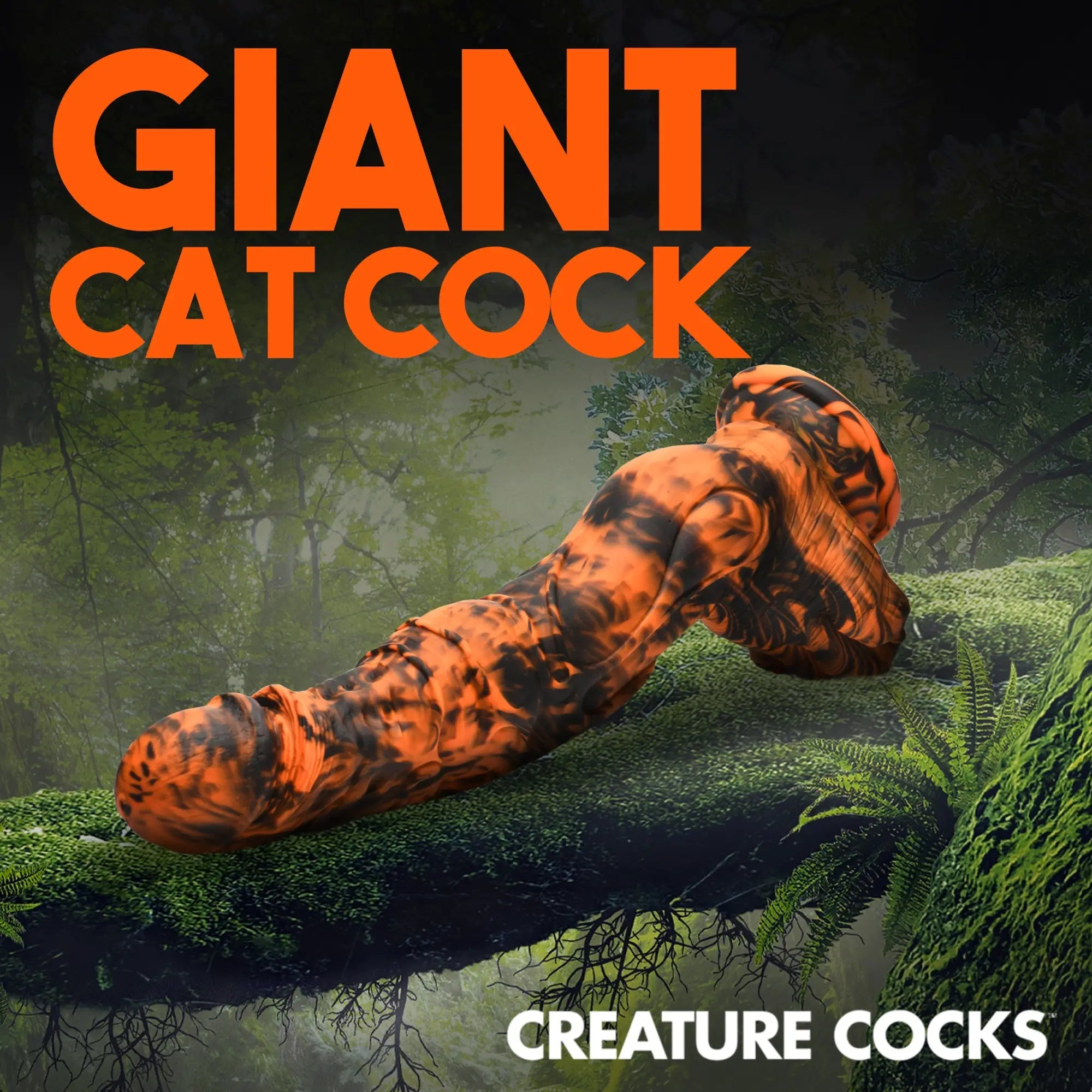 Creature Cocks Sabretooth silicone dildo in black and orange marbled color, resting on a mossy log in a forest.