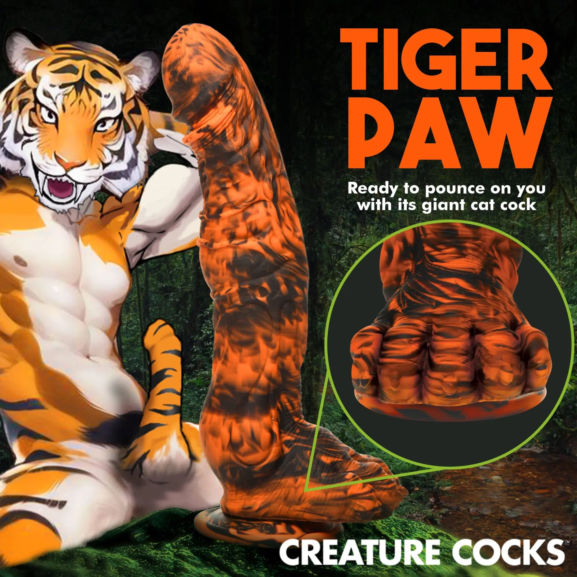 Creature Cocks Sabretooth silicone dildo in orange and black tiger-striped pattern with a paw-shaped base.