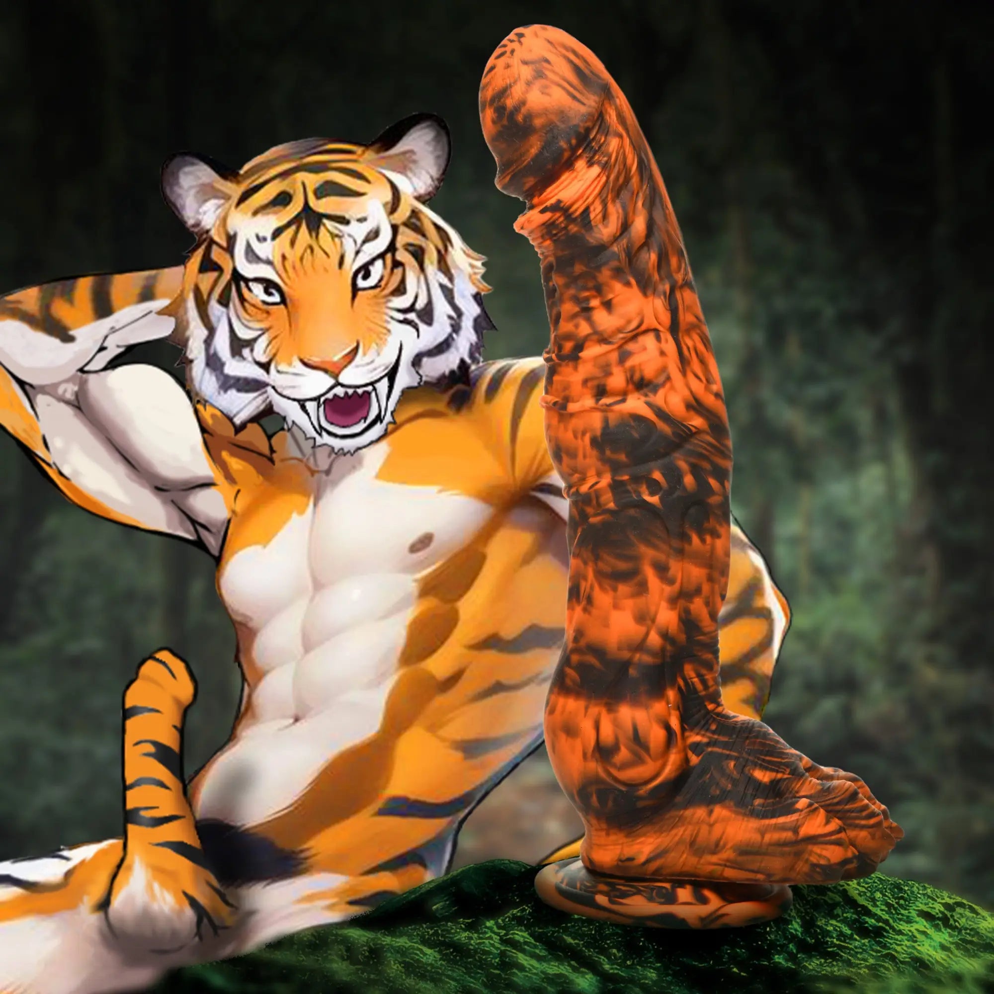 Creature Cocks Sabretooth silicone dildo in a textured orange and black tiger-stripe pattern against a jungle backdrop.