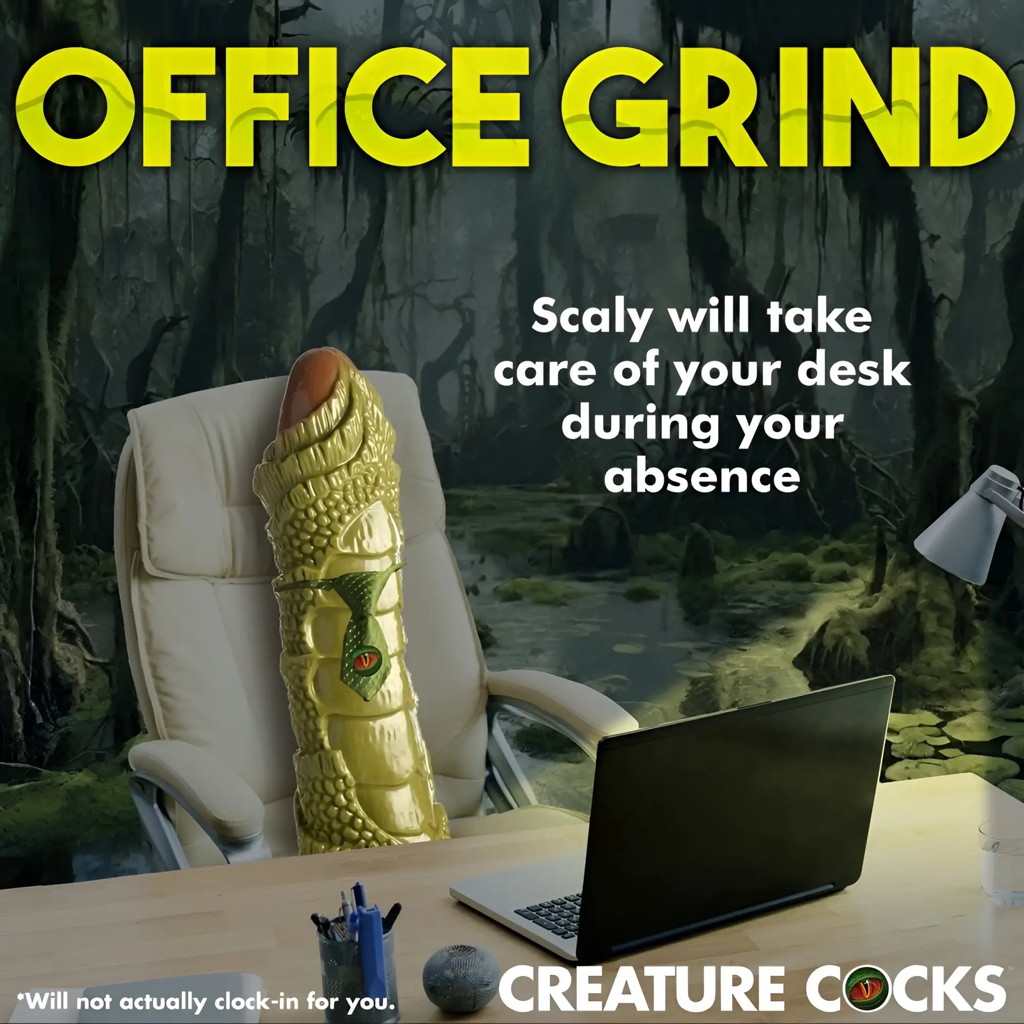 Creature Cocks 3-foot scaly swamp monster dildo wearing a necktie, sitting in an office chair at a desk.