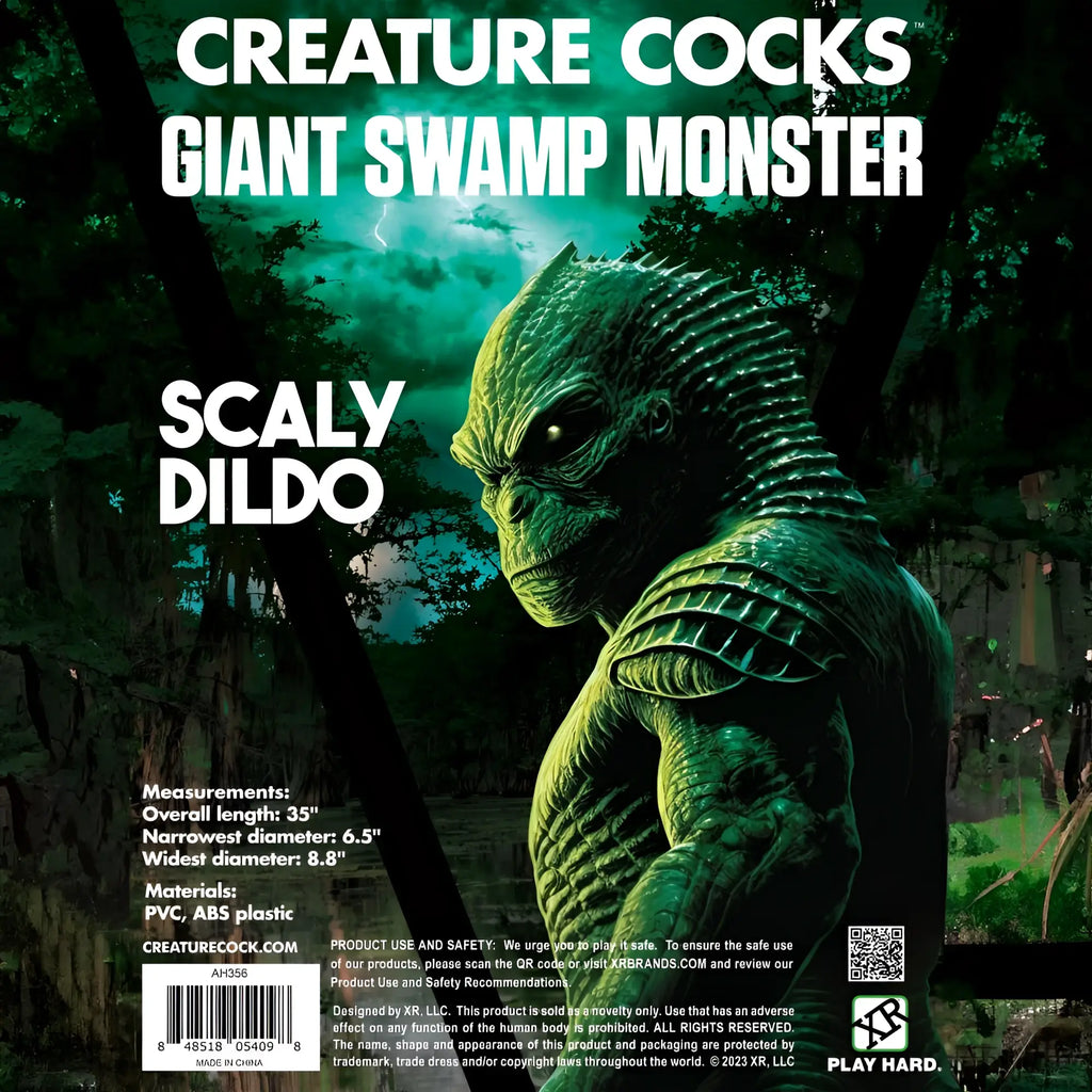 Creature Cocks 3-foot Swamp Monster dildo in green, featuring a textured, scaly monster design in a dark forest setting.