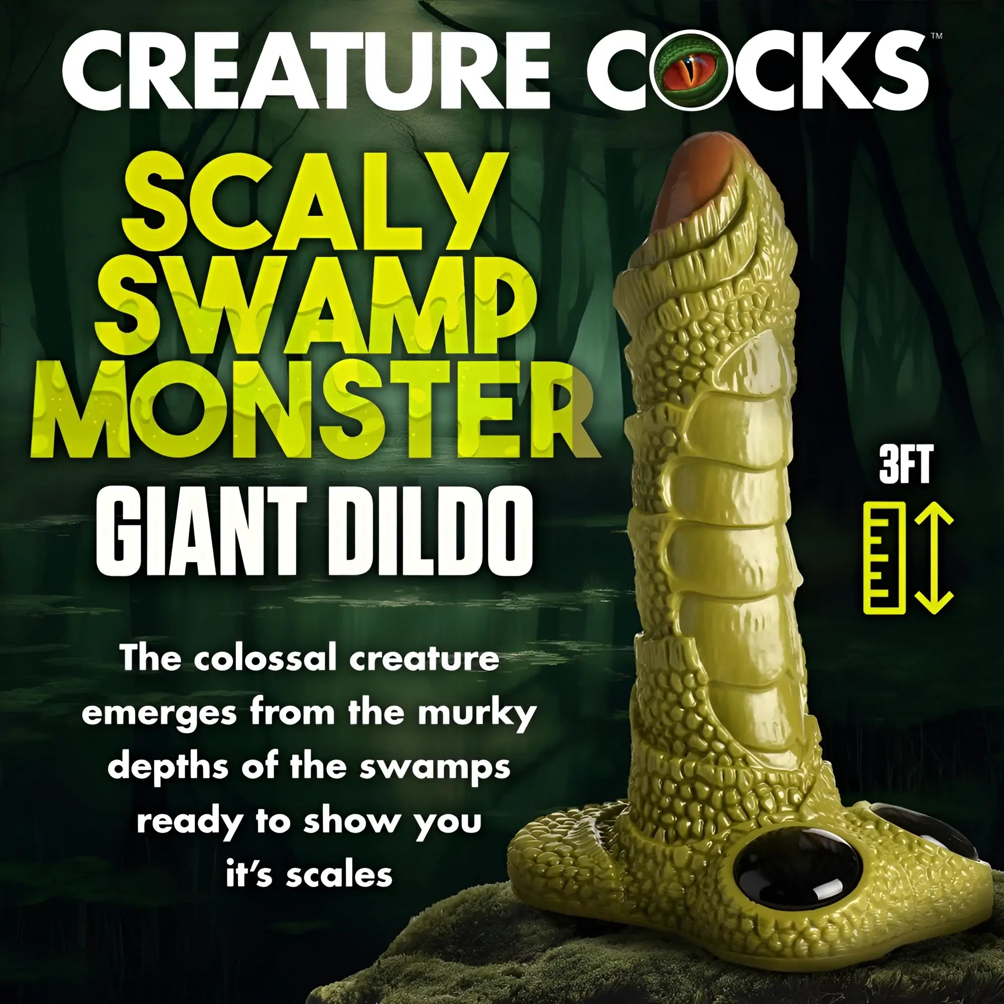 Creature Cocks 3-foot Scaly Swamp Monster dildo in olive green with realistic reptilian scales and a wide suction base.
