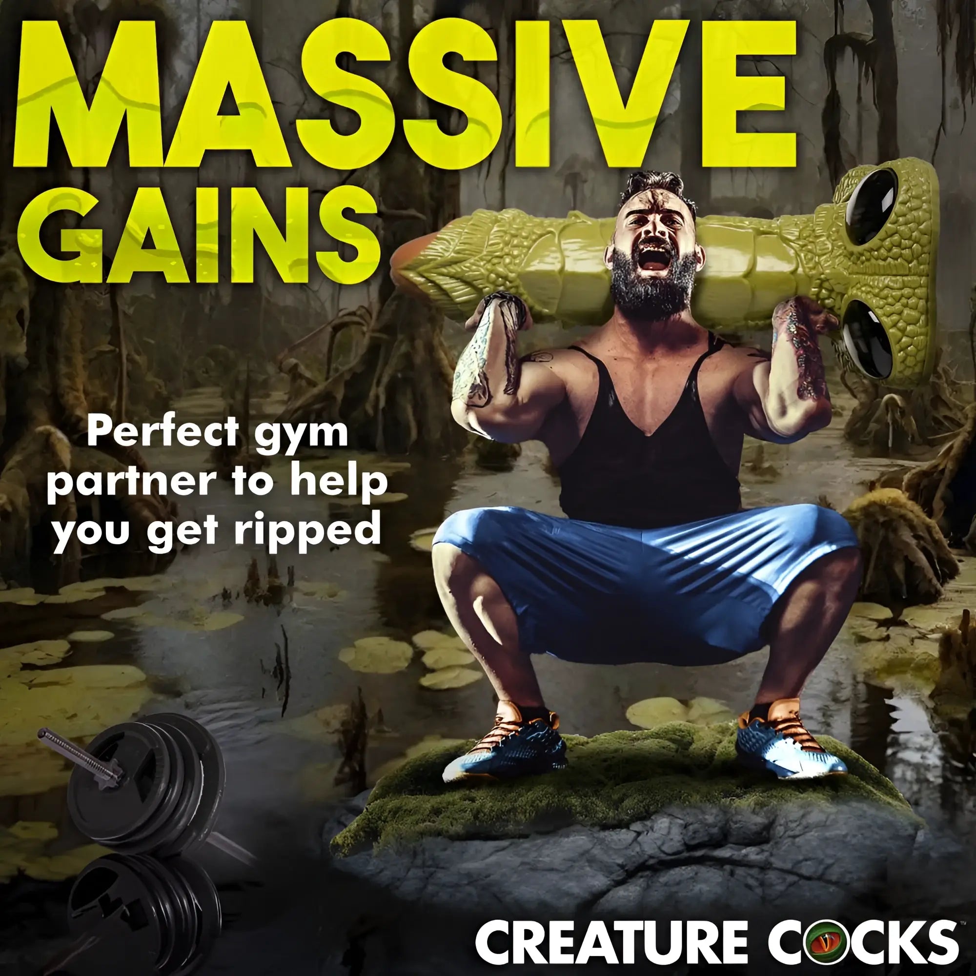 A muscular man in a swamp lifts a massive, green, scaly Creature Cocks 3-foot giant dildo as a barbell.
