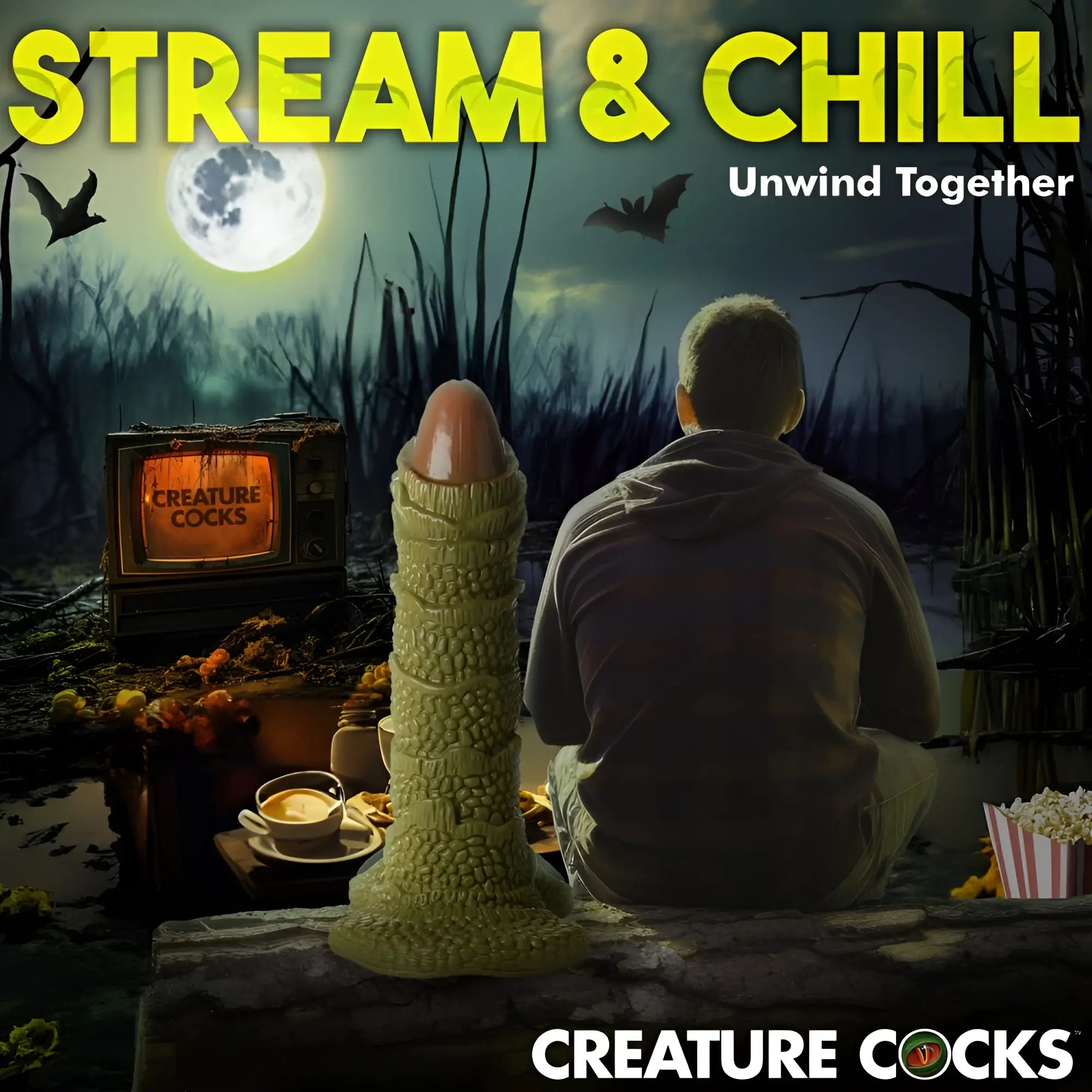Creature Cocks 3-foot Scaly Swamp Monster dildo in green, standing before a person watching a swamp-themed TV at night.
