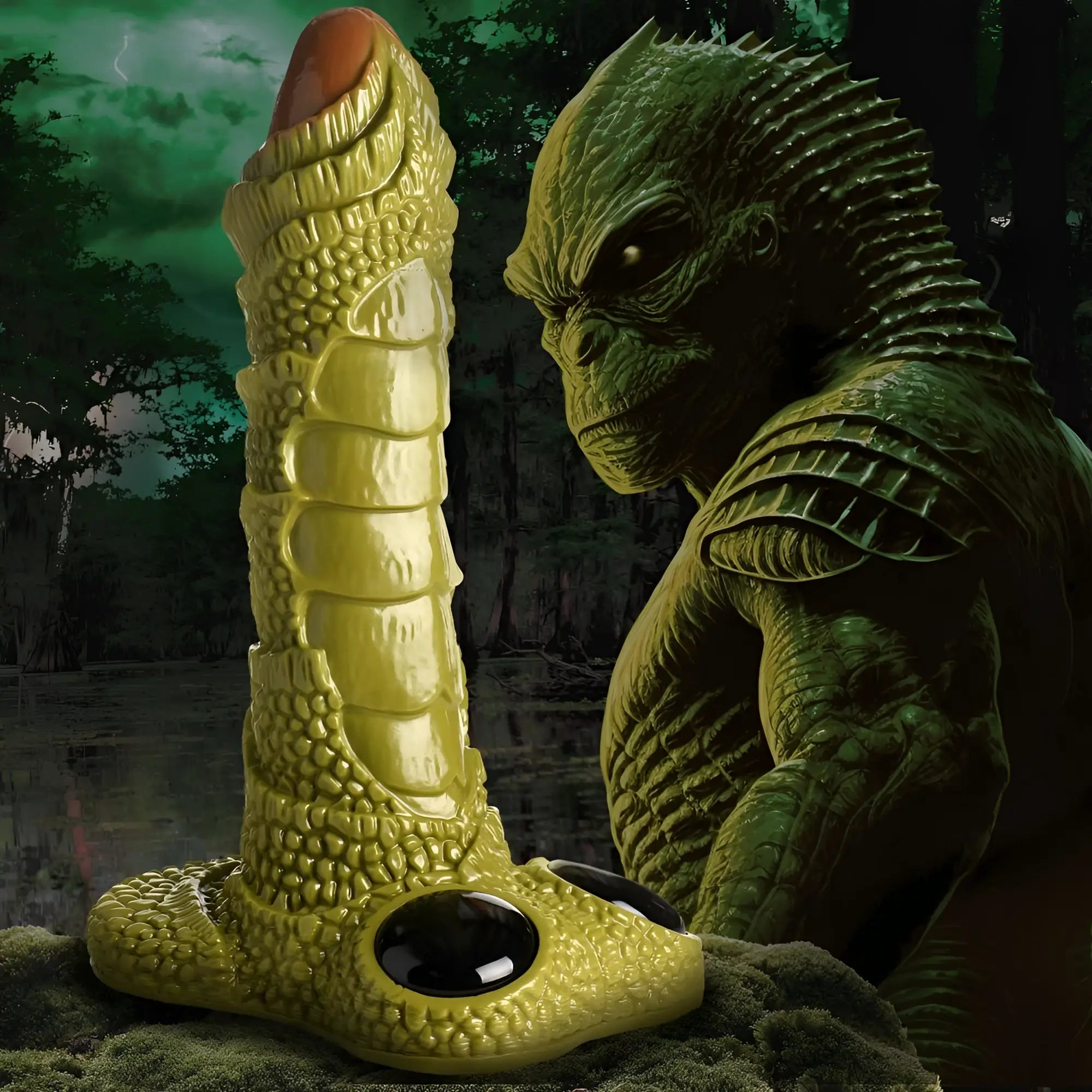 Creature Cocks Scaly Swamp Monster 3-foot green, textured monster-themed dildo set against a swampy, creature-filled scene.