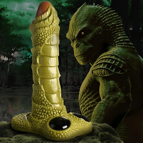 Creature Cocks Scaly Swamp Monster 3-foot green, textured monster-themed dildo set against a swampy, creature-filled scene.
