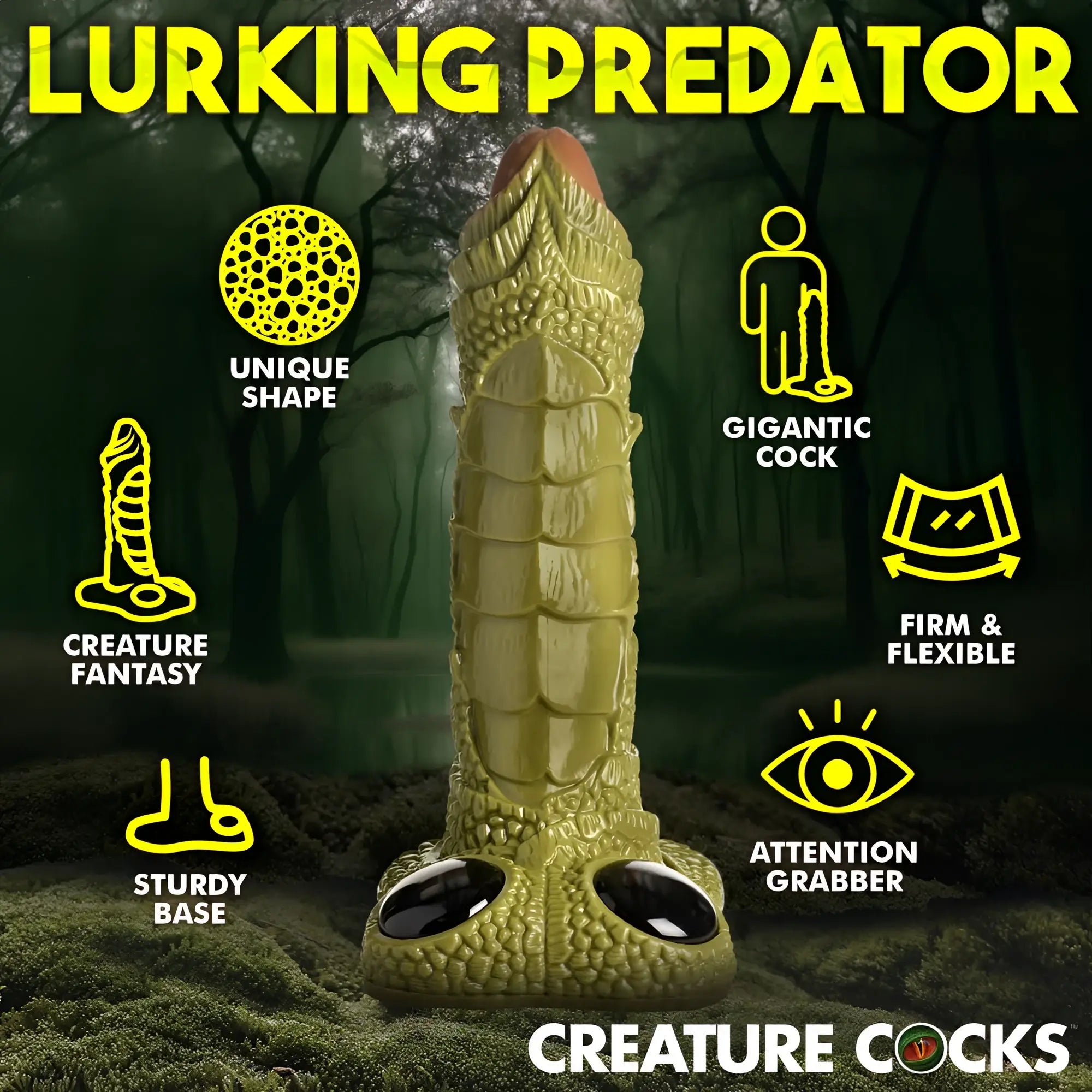 Creature Cocks Scaly Swamp Monster 3-foot giant dildo with green, textured scales and dark base on forest background.