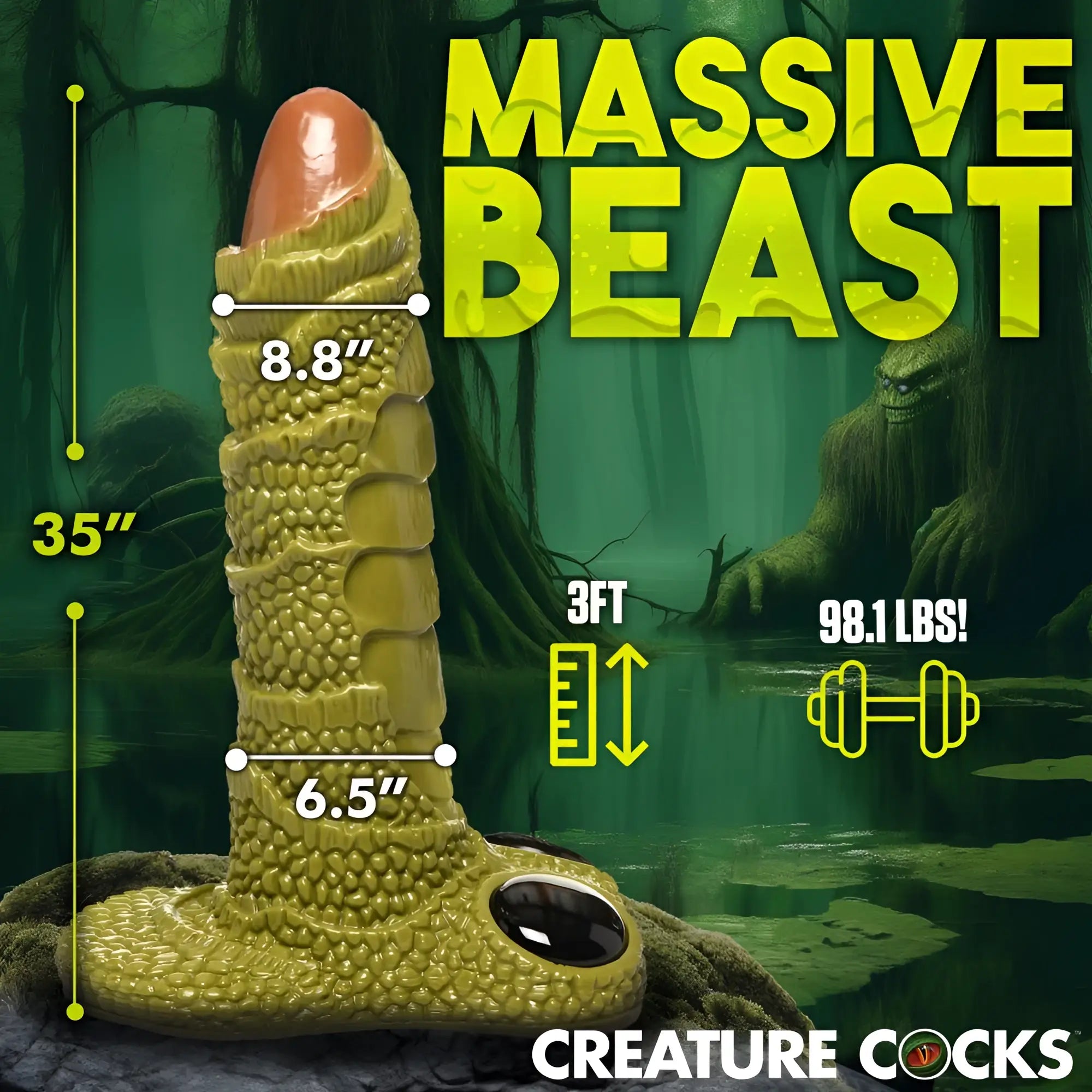 Creature Cocks Scaly Swamp Monster dildo: 3-foot tall, green textured silicone toy with swamp monster theme and specs.