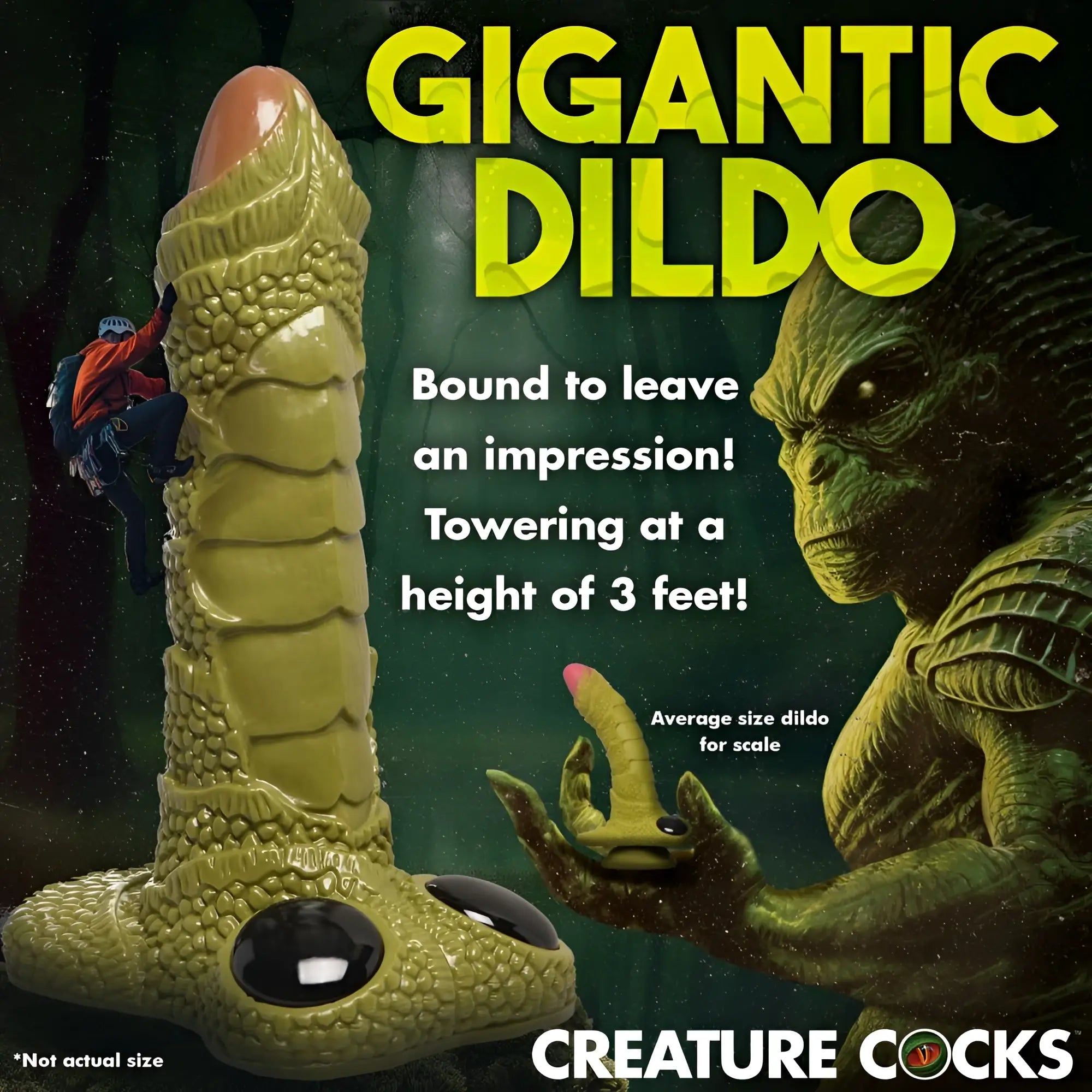 Creature Cocks Scaly Swamp Monster 3-foot dildo, textured green, with climber figure and monster for scale.