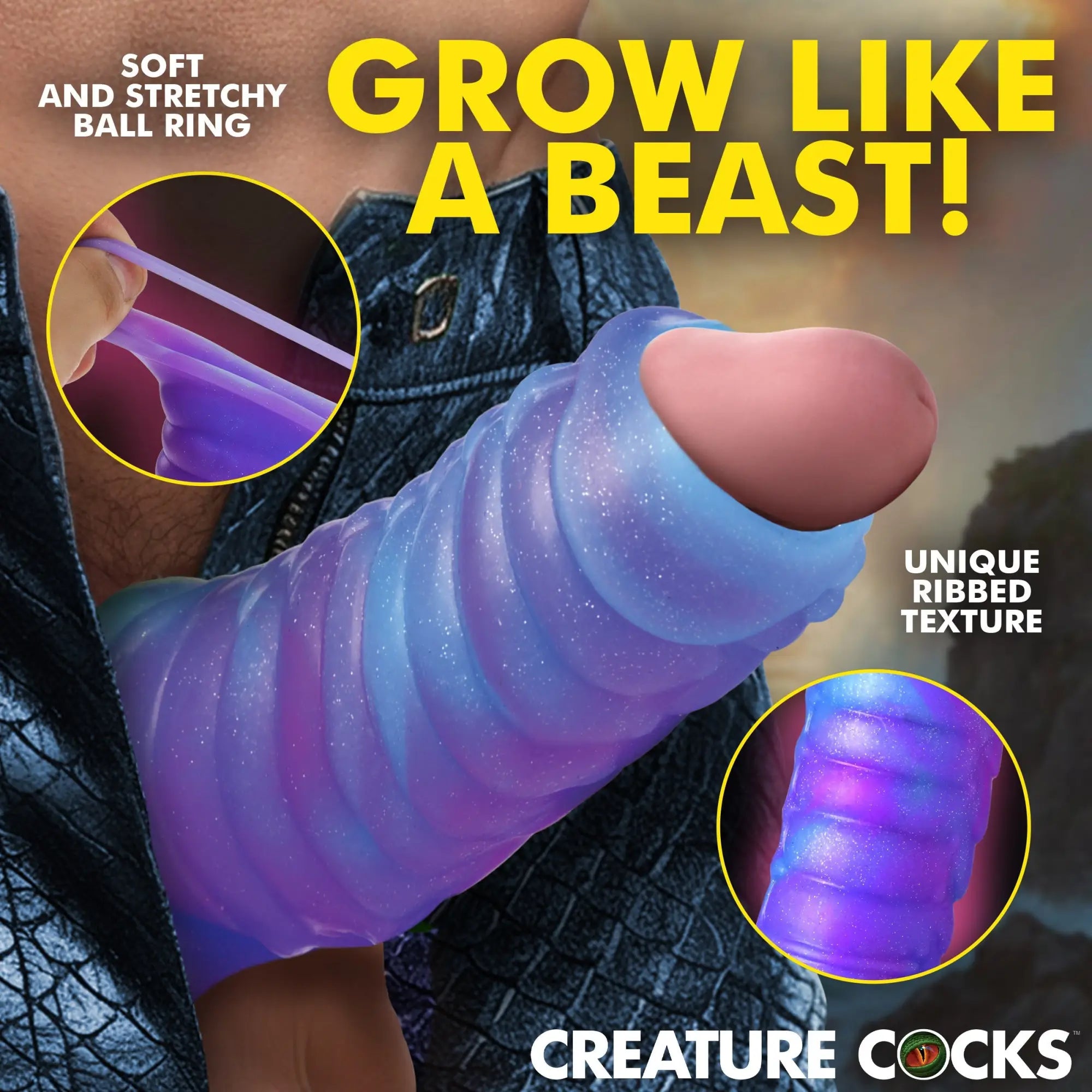 Creature Cocks Sea Stallion: A glittery, blue-to-purple ribbed silicone penis enhancer with a stretchy ball ring.