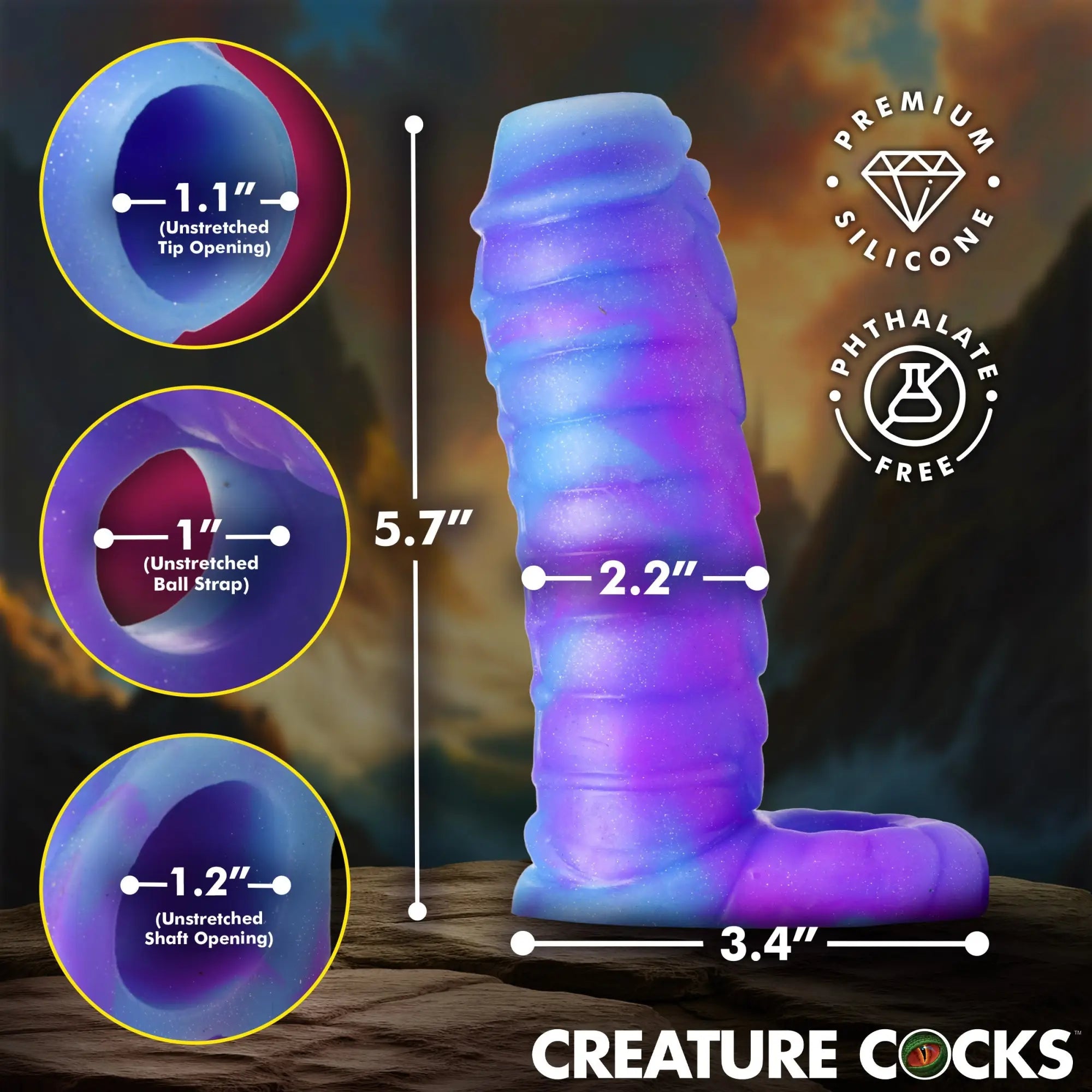 Creature Cocks Sea Stallion blue and purple glitter silicone penis enhancer with labeled measurements and features.