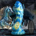 Creature Cocks Sea Stallion blue, fin-textured silicone dildo with a black remote, set against a stormy horse background.