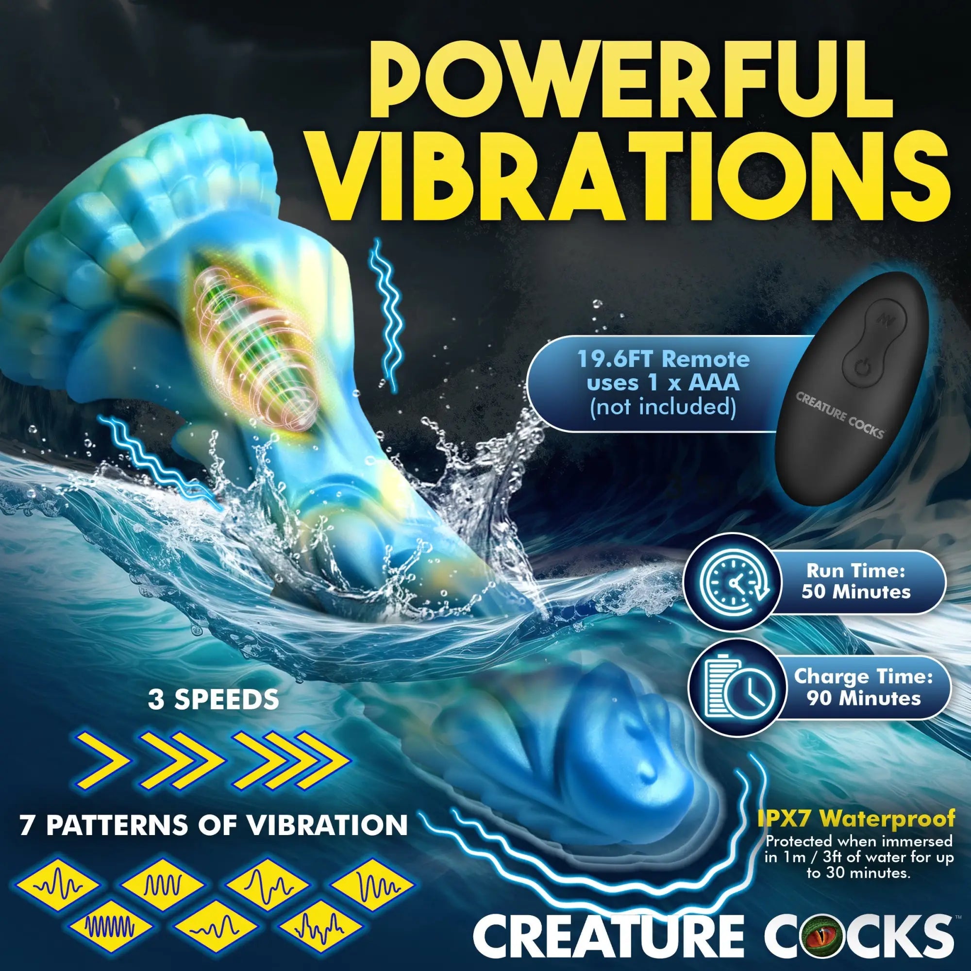Creature Cocks Sea Stallion blue silicone dildo with vibrating motor detail, remote, and waterproof graphic overlay.