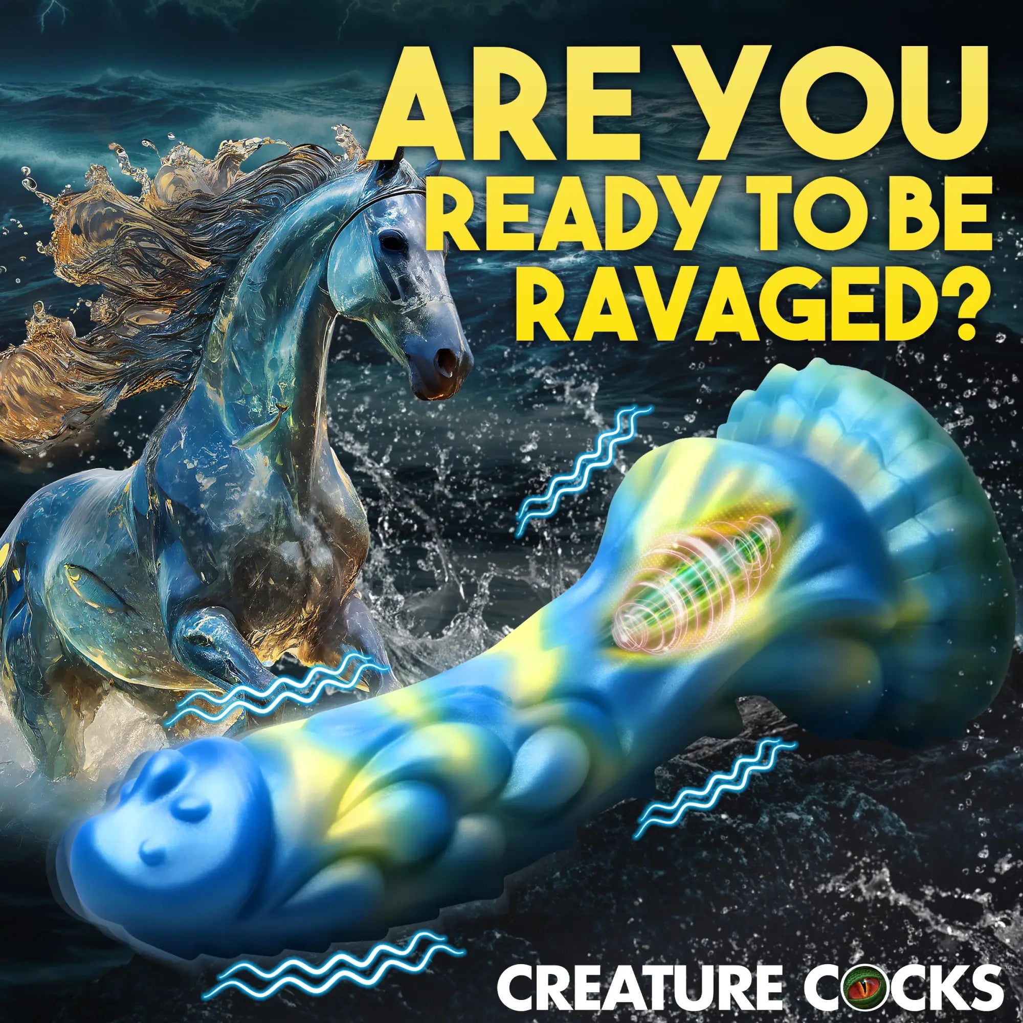 Creature Cocks Sea Stallion blue and yellow patterned silicone dildo against a stormy ocean background with a sea horse.