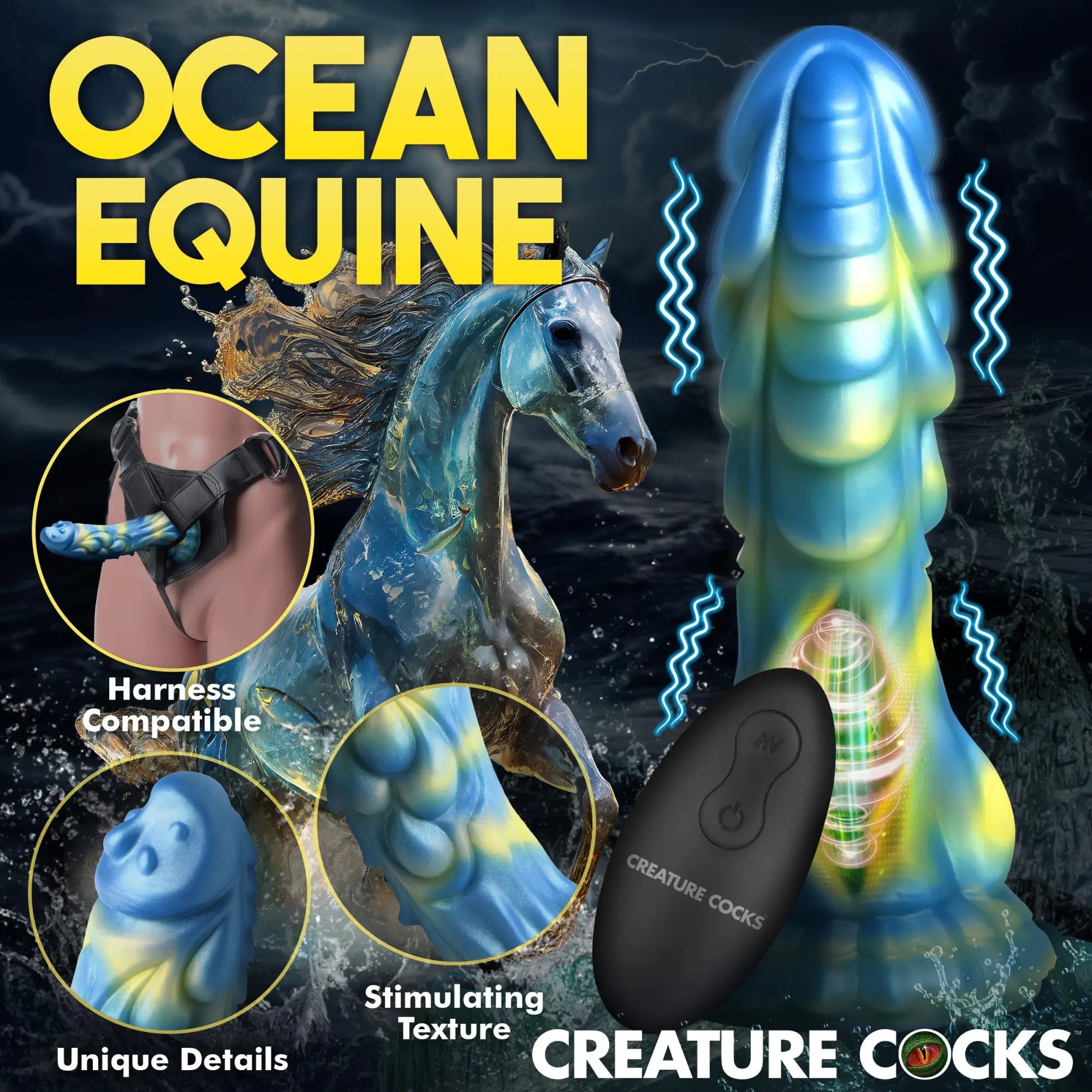 Creature Cocks Sea Stallion blue and yellow vibrating silicone dildo with remote, featuring textured, harness-compatible design.