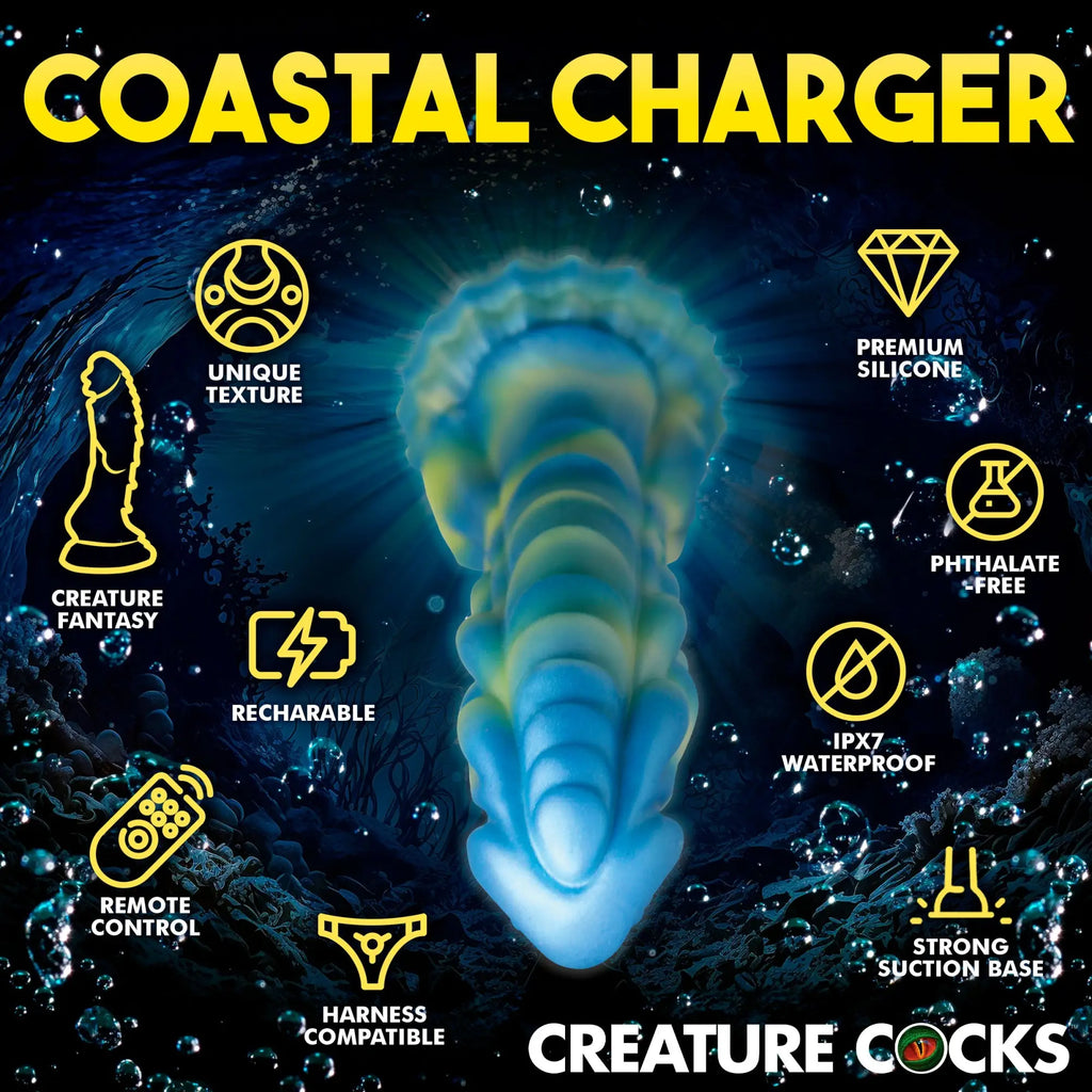 Creature Cocks Sea Stallion blue and yellow silicone dildo with remote, set against an underwater background.