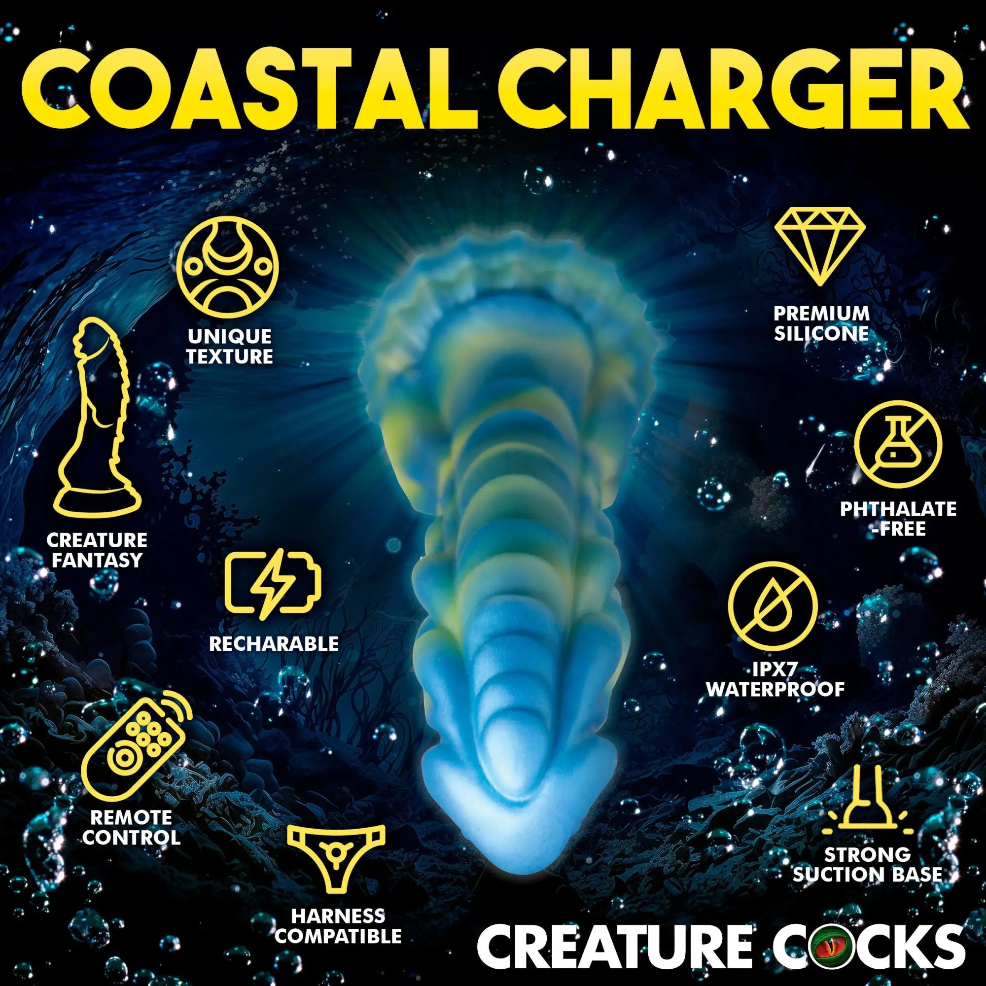 Creature Cocks Sea Stallion blue and yellow silicone dildo with remote, set against an underwater background.