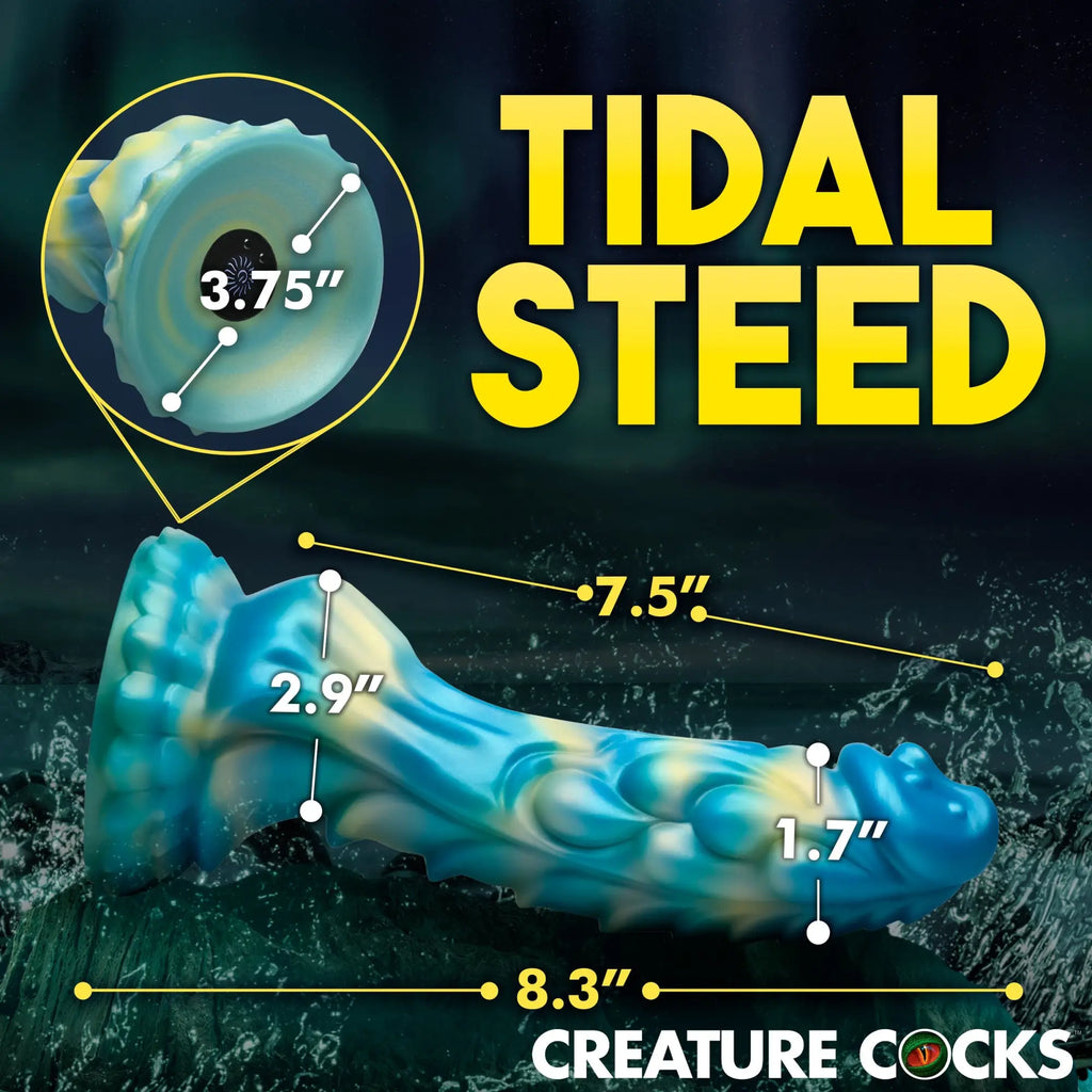 Creature Cocks Sea Stallion blue and yellow marbled fantasy dildo with detailed dimensions and base view.