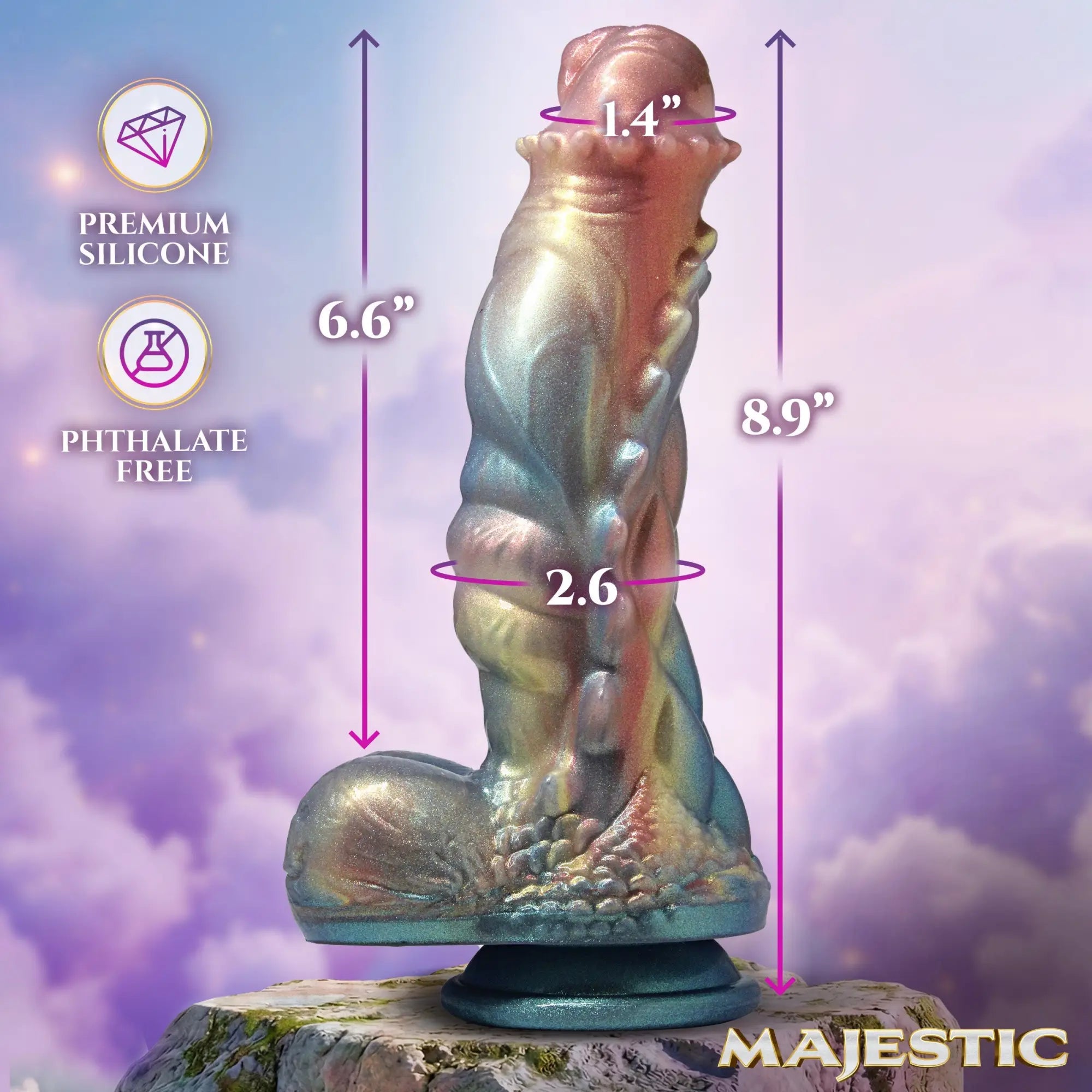 Creature Cocks Seraphina silicone dragon dildo in iridescent blue and gold, featuring measurements and cloud background.