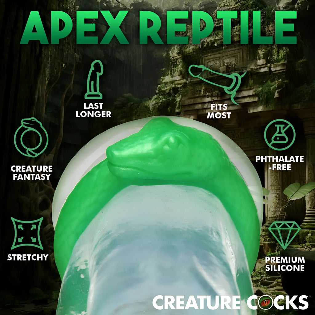 Creature Cocks Serpentine silicone cock ring in bright green, featuring a snake-head design against a jungle background.
