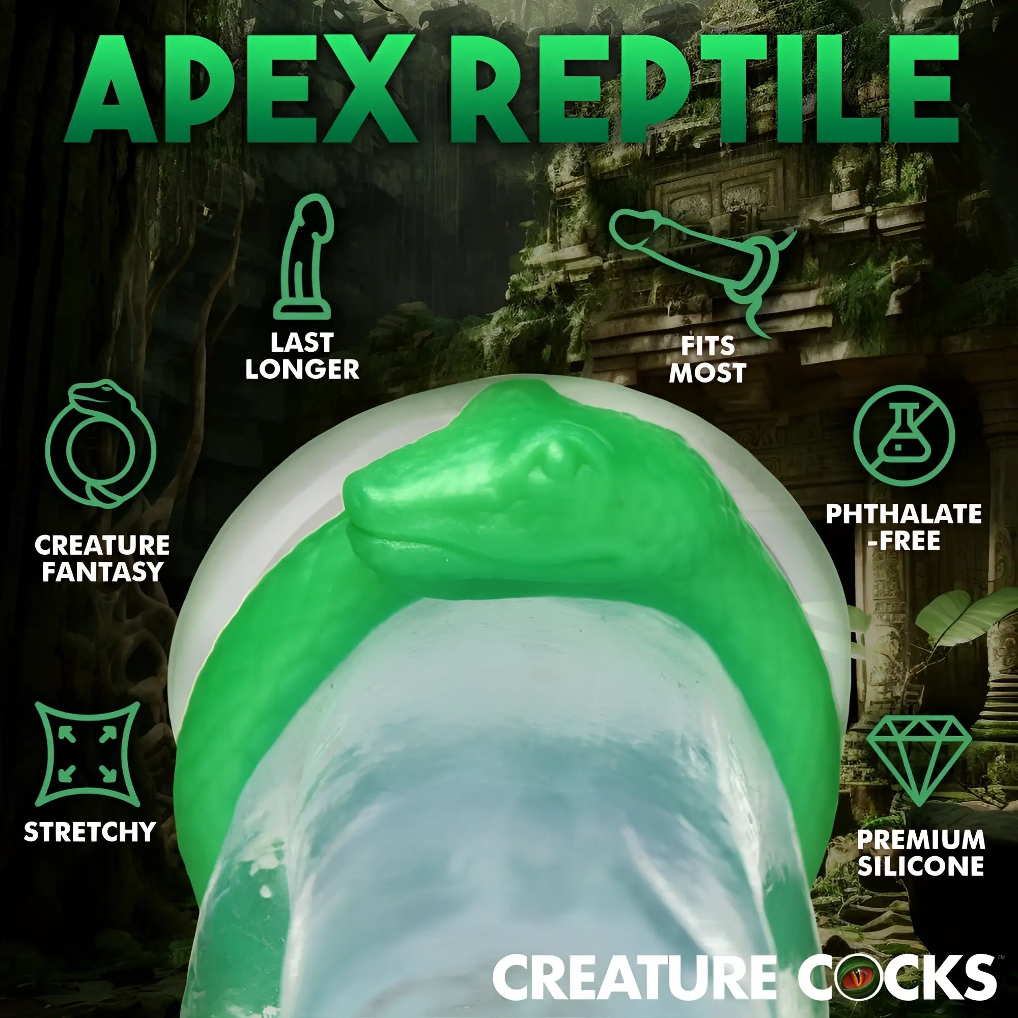 Creature Cocks Serpentine silicone cock ring in bright green, featuring a snake-head design against a jungle background.