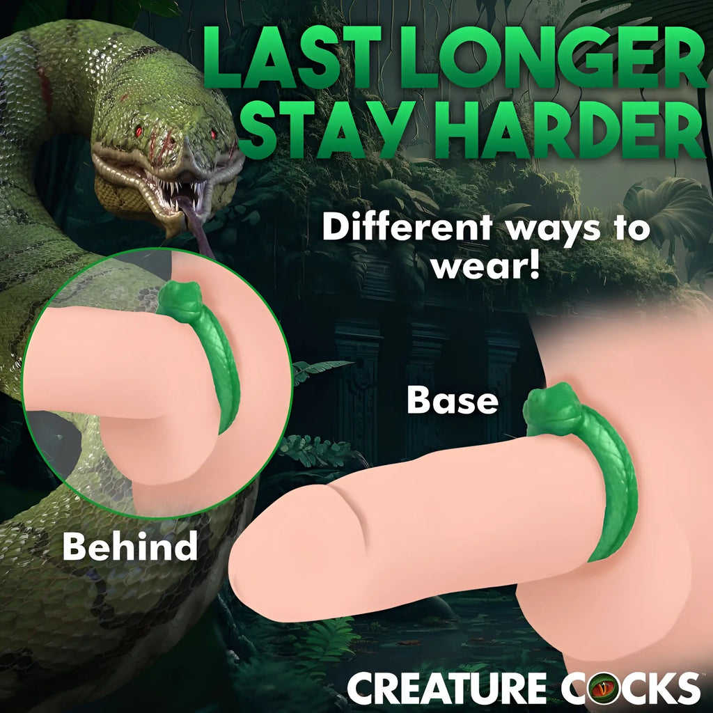 Creature Cocks Serpentine silicone cock ring: a green, snake-shaped ring shown worn on a model in two different styles.