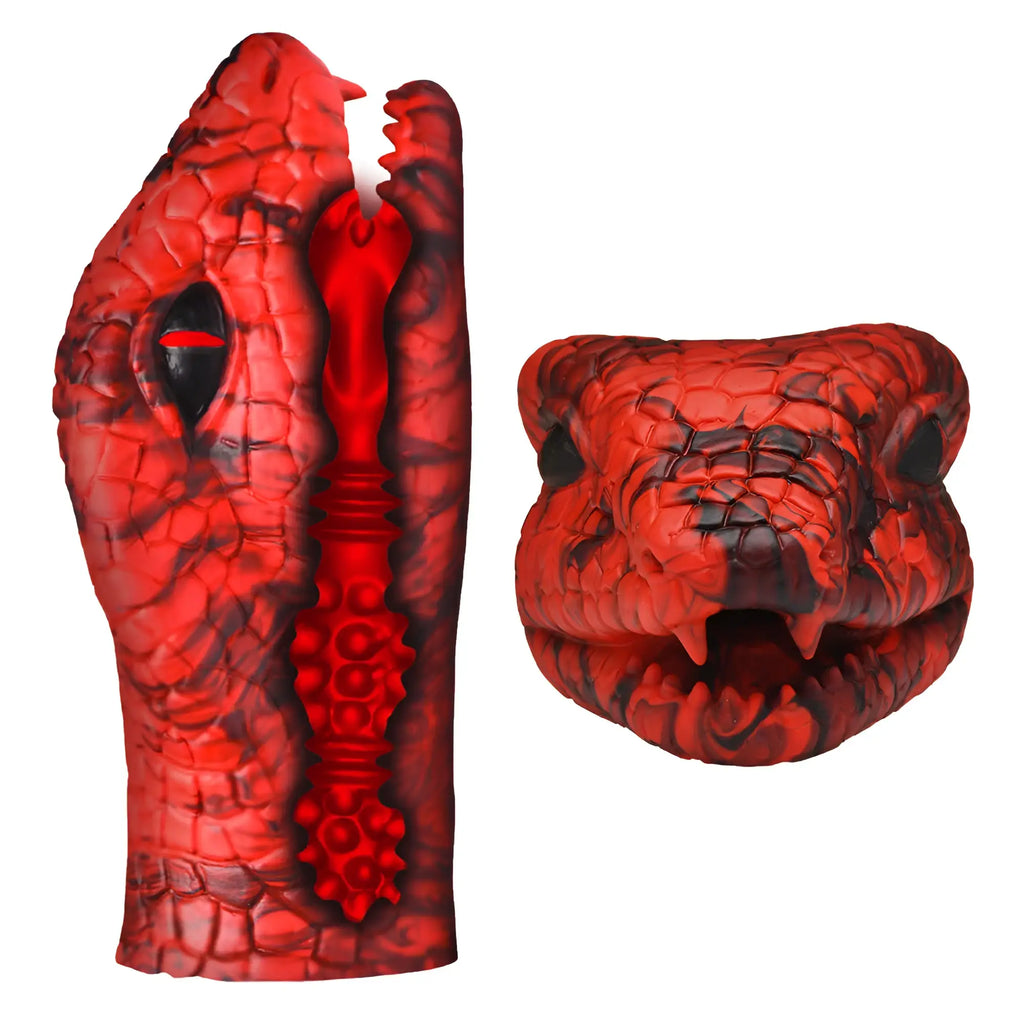 Creature Cocks Serpentine Stroker: A textured red and black silicone masturbator shaped like a snake head.