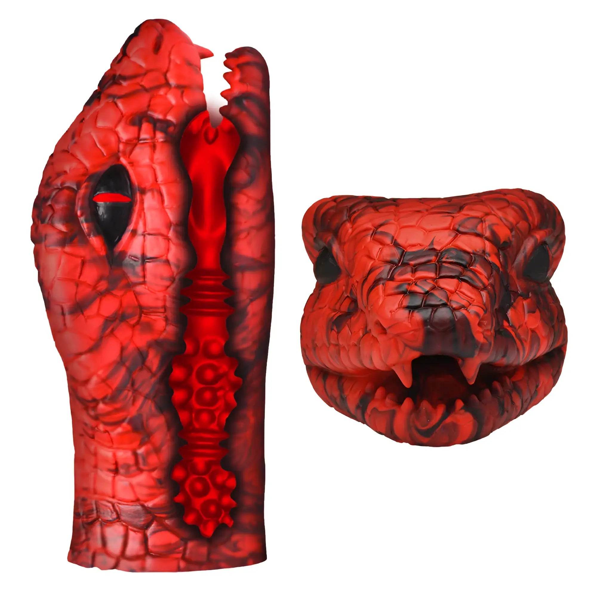 Creature Cocks Serpentine Stroker: A textured red and black silicone masturbator shaped like a snake head.