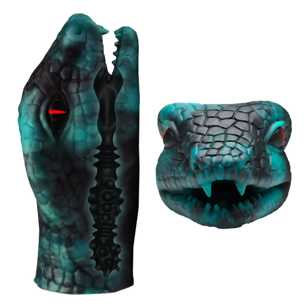 Creature Cocks Serpentine Stroker: teal and black snake-themed silicone masturbator with red eyes and textured interior.